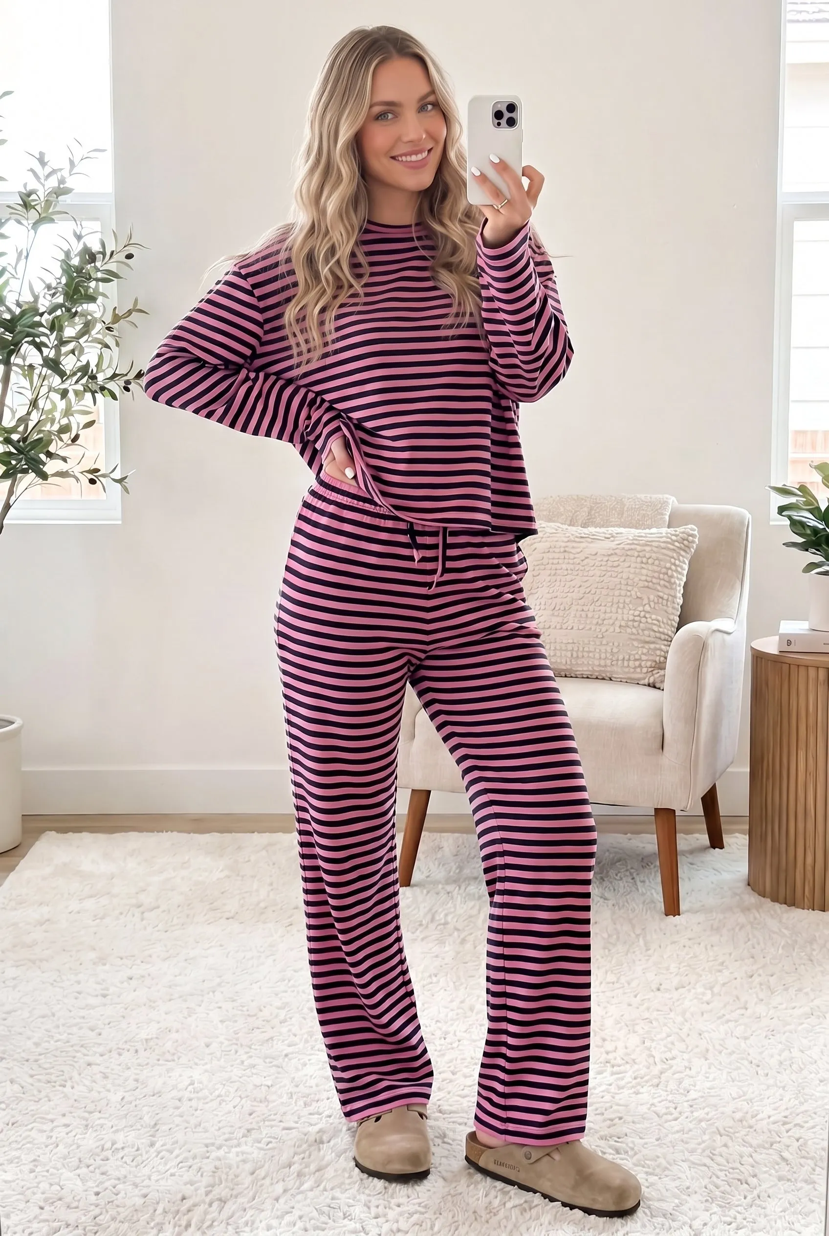Casual Long Sleeve Top Drawstring Pant Set – Pink Stripe sold by Beagle Boutique product image thumbnail 2