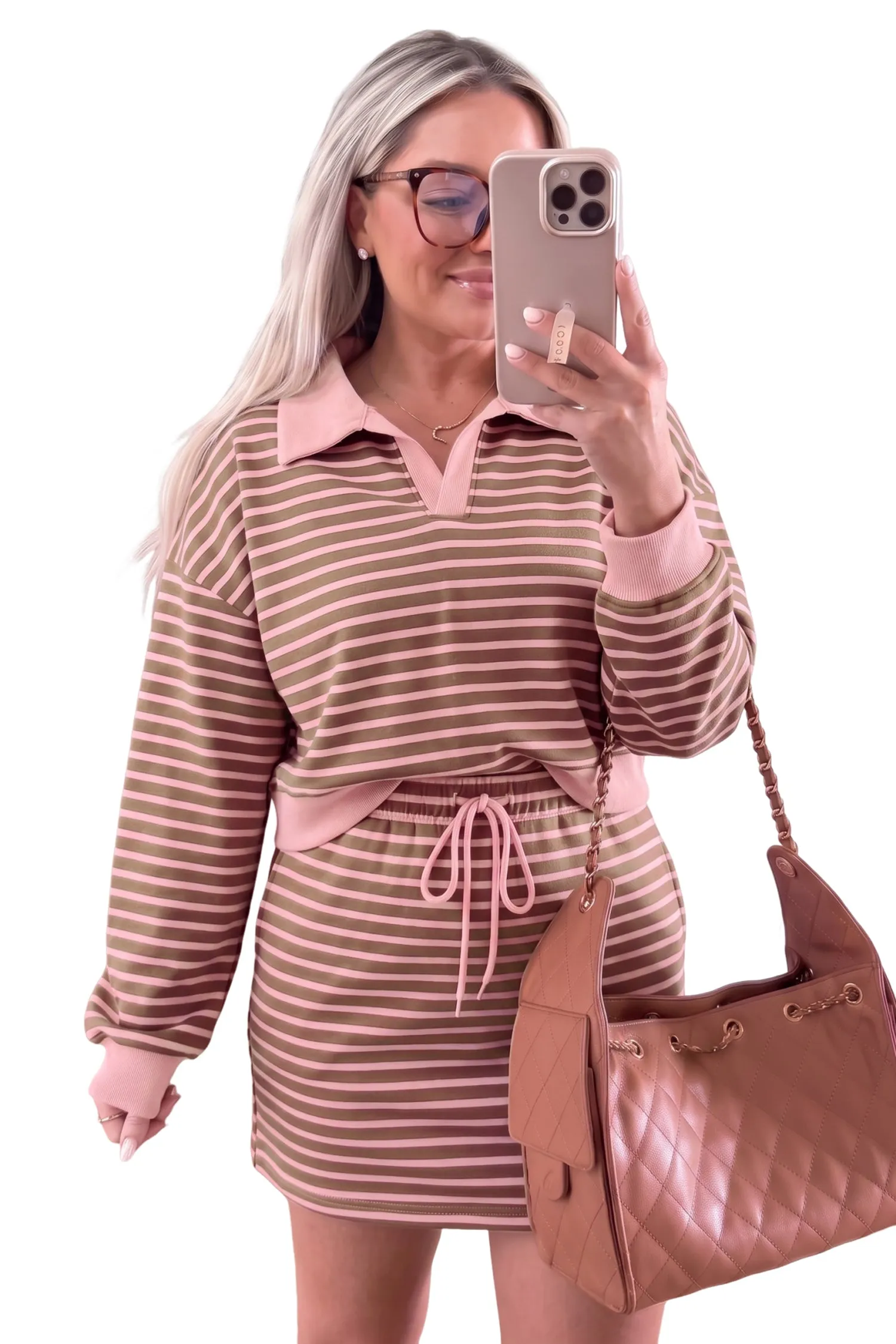 Striped Drawstring Waist Long Sleeve Top Mini Skort Set – Brown Stripe sold by Beagle Boutique product image thumbnail 4
