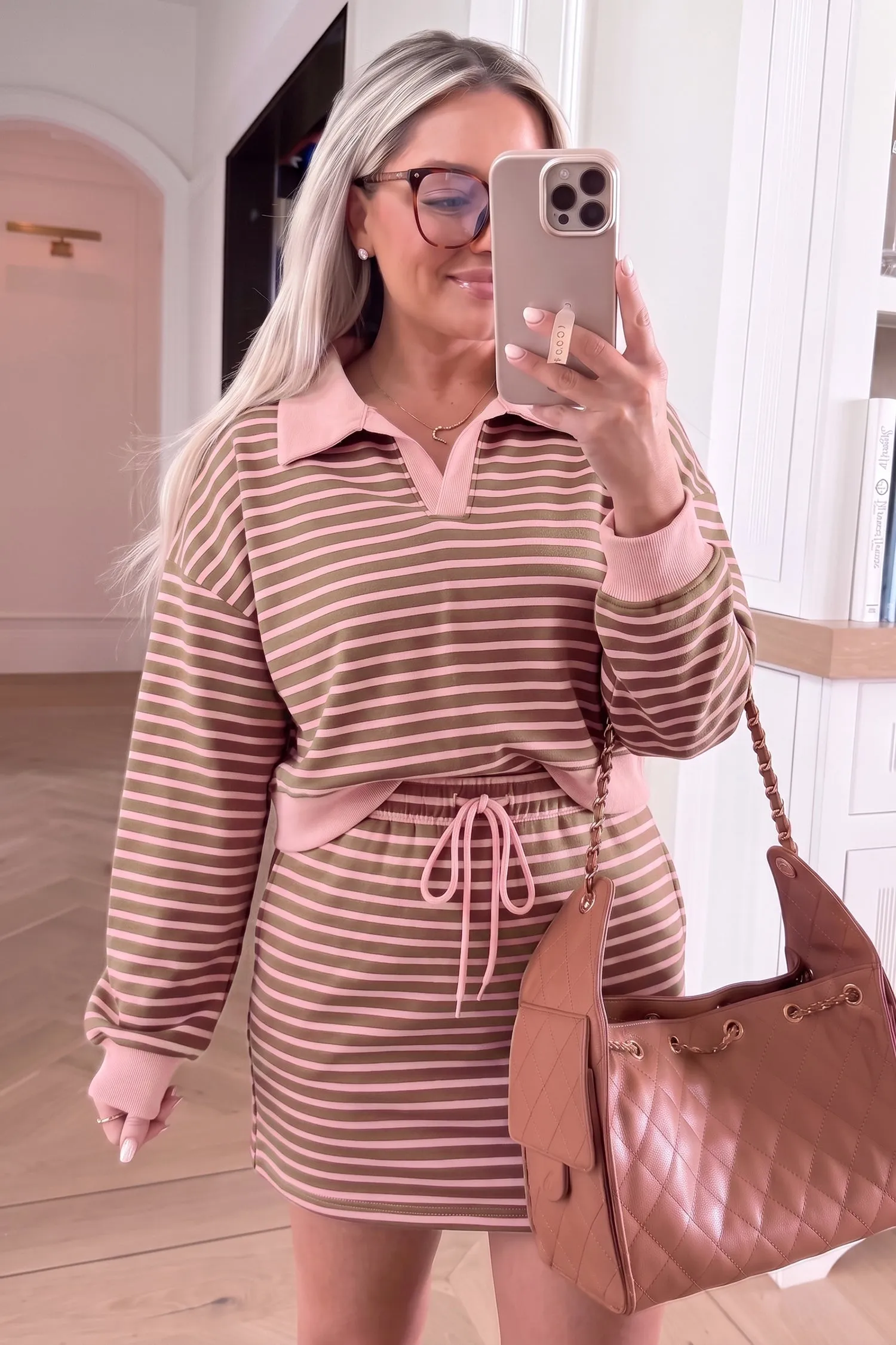 Striped Drawstring Waist Long Sleeve Top Mini Skort Set – Brown Stripe sold by Beagle Boutique product image thumbnail 2