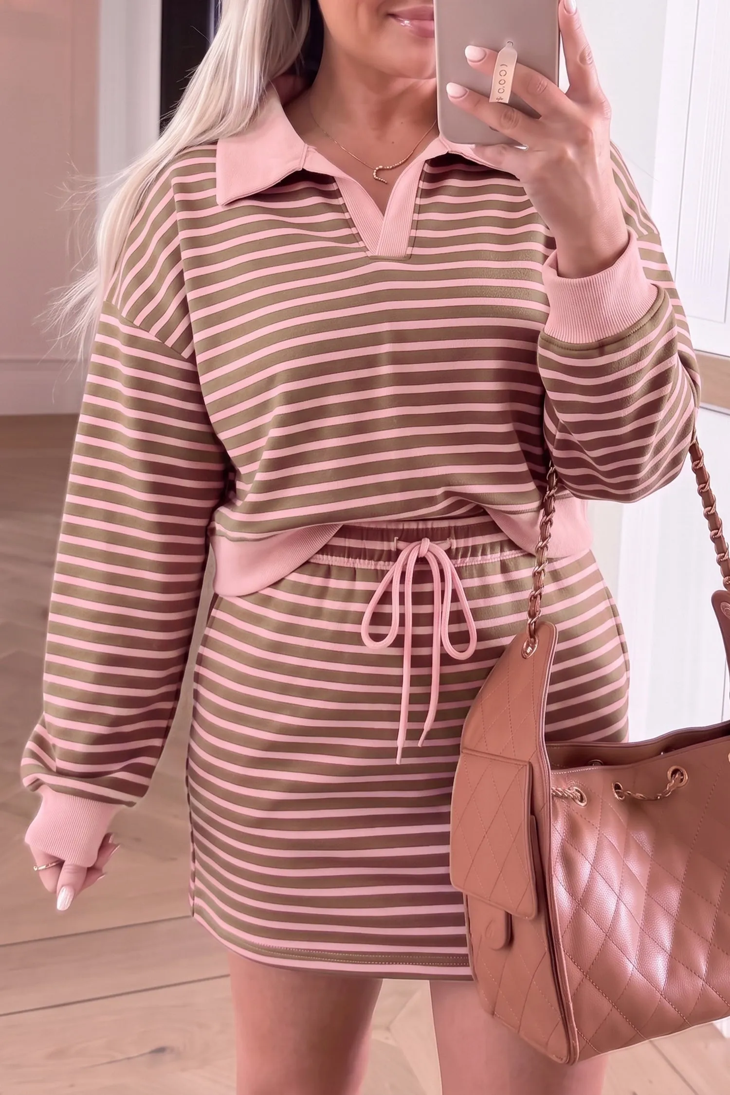 Striped Drawstring Waist Long Sleeve Top Mini Skort Set – Brown Stripe sold by Beagle Boutique