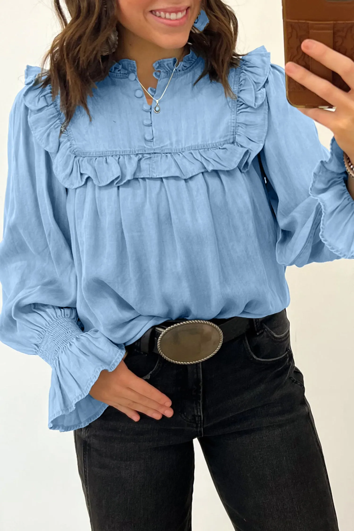 Beau Western Ruffle V Neck Long Sleeve Chambray Blouse – Blue sold by Beagle Boutique product image thumbnail 3