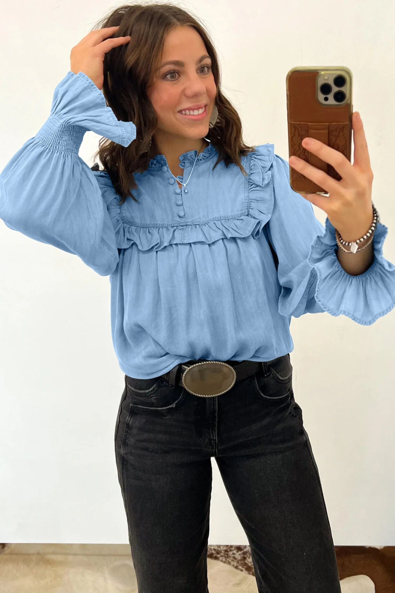 Beau Western Ruffle V Neck Long Sleeve Chambray Blouse – Blue sold by Beagle Boutique product image thumbnail 5