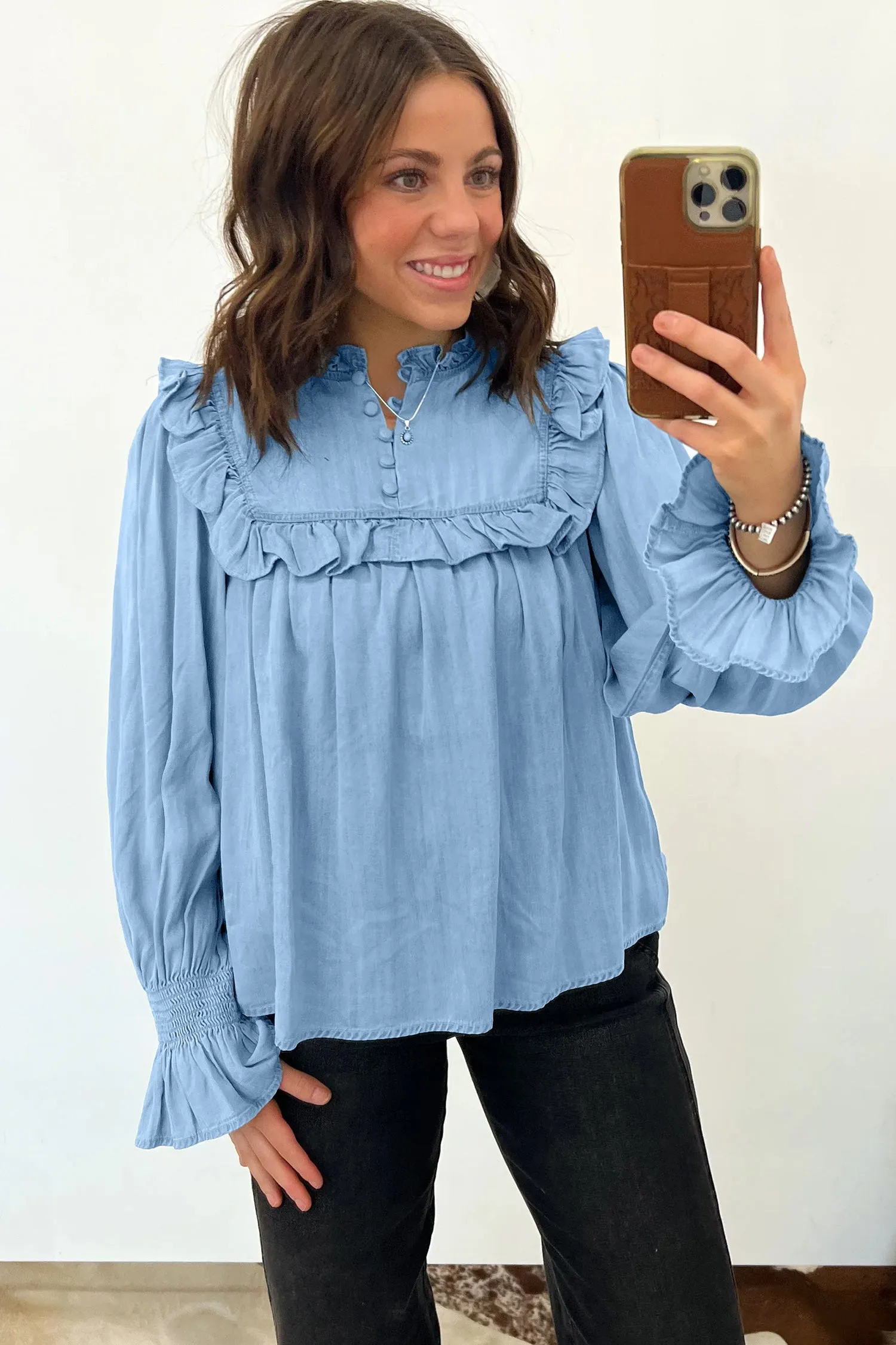 Beau Western Ruffle V Neck Long Sleeve Chambray Blouse – Blue sold by Beagle Boutique product image thumbnail 4