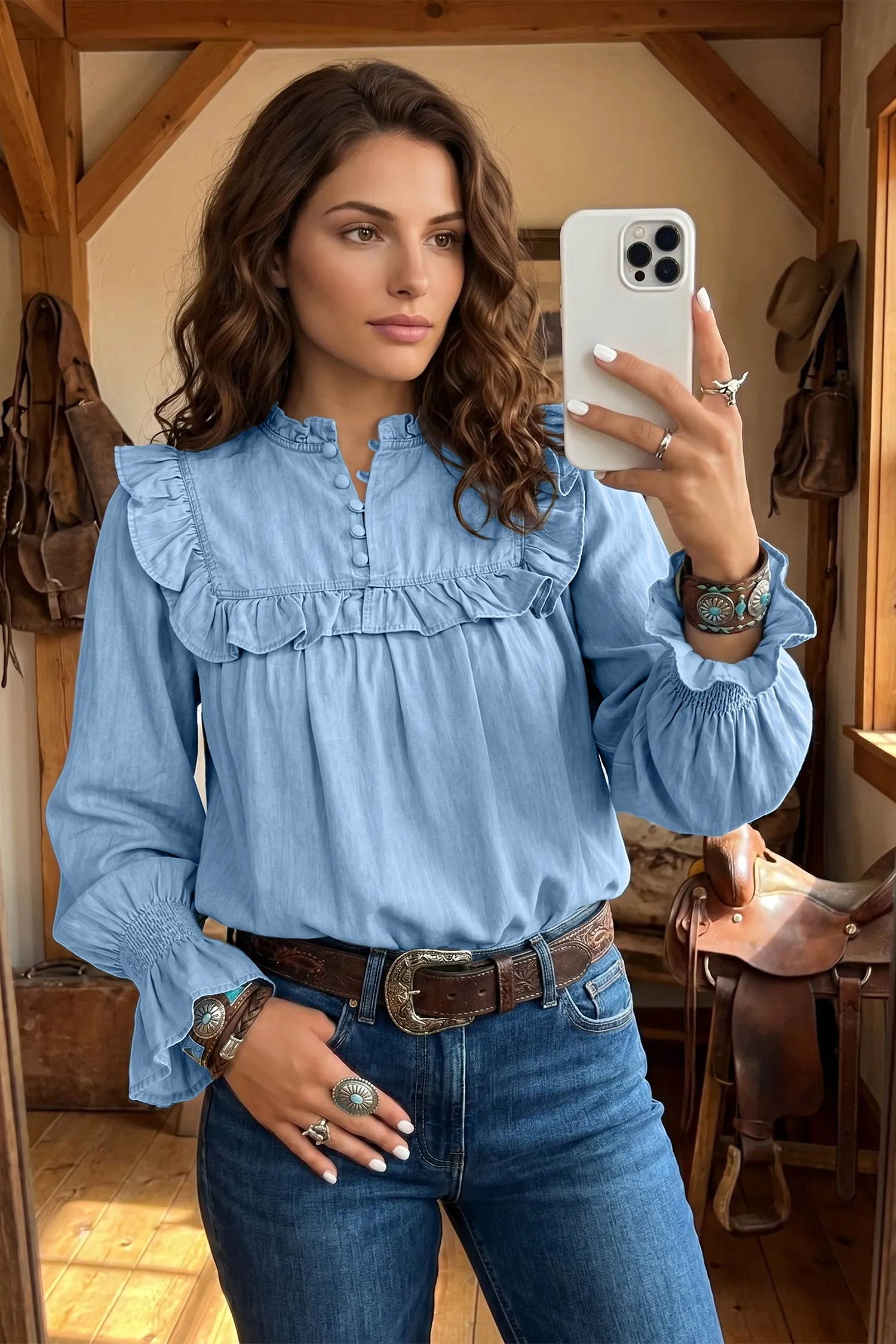 Beau Western Ruffle V Neck Long Sleeve Chambray Blouse – Blue sold by Beagle Boutique product image thumbnail 2