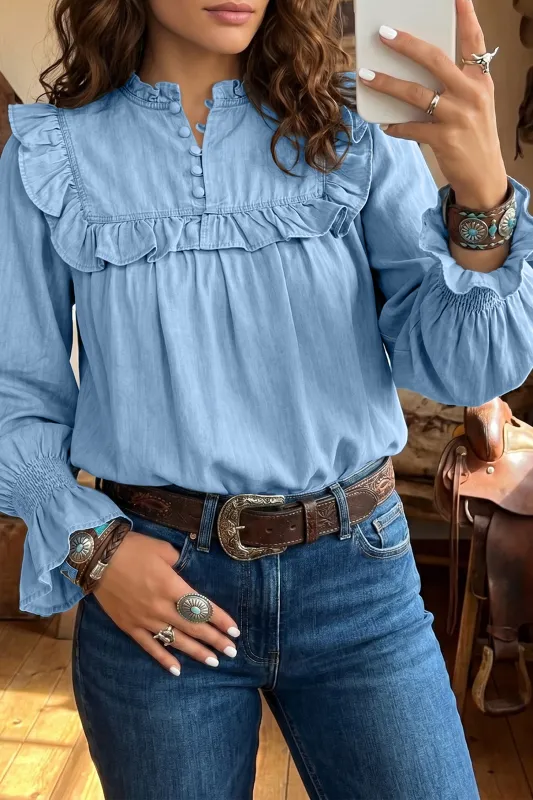 Beau Western Ruffle V Neck Long Sleeve Chambray Blouse – Blue made by Beagle Boutique