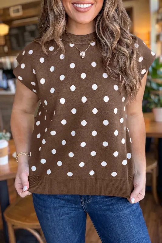 Dolman Short Sleeve Round Neck Polka Dot Sweater – Brown made by Beagle Boutique