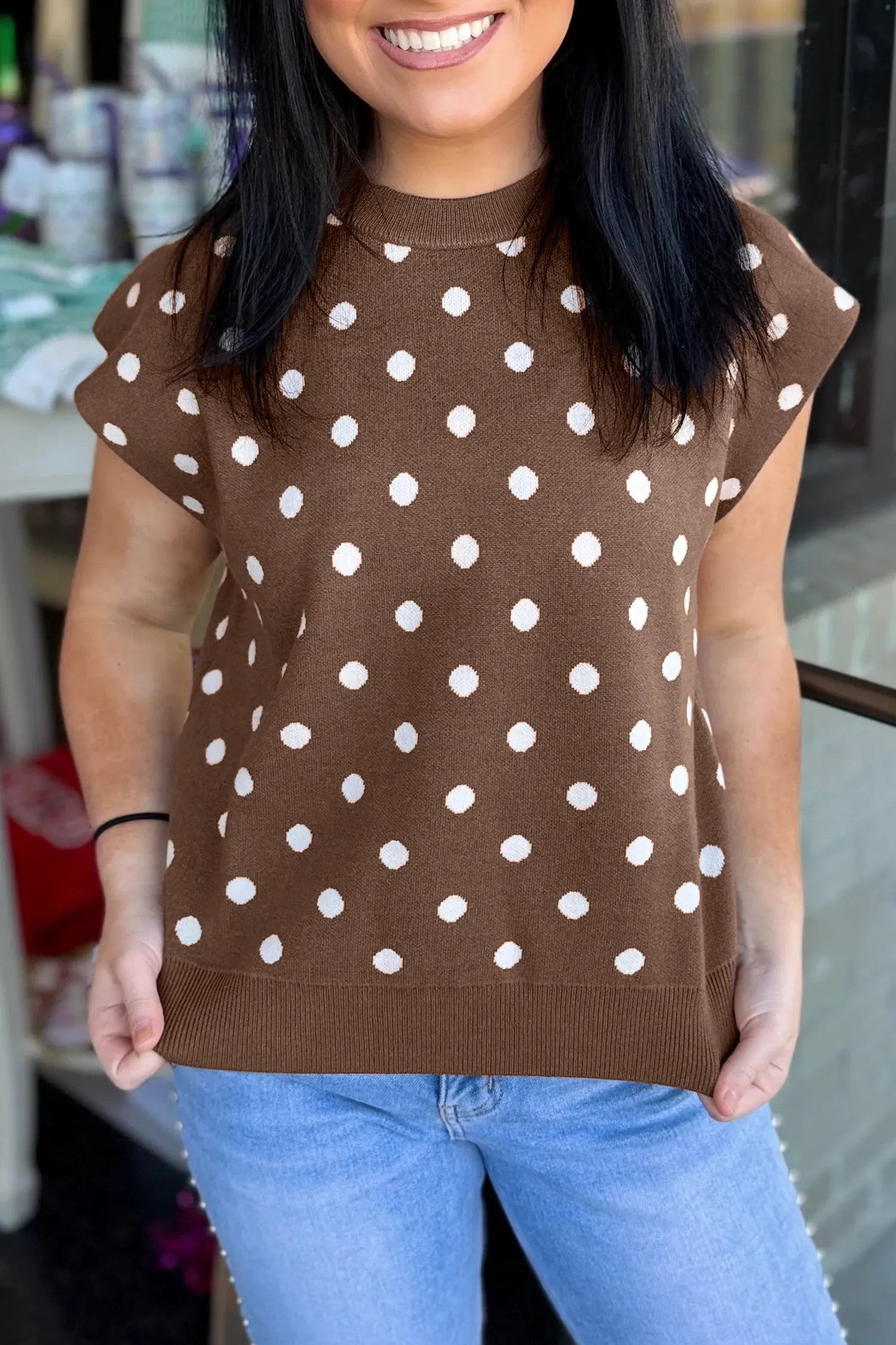 Dolman Short Sleeve Round Neck Polka Dot Sweater – Brown sold by Beagle Boutique product image thumbnail 5