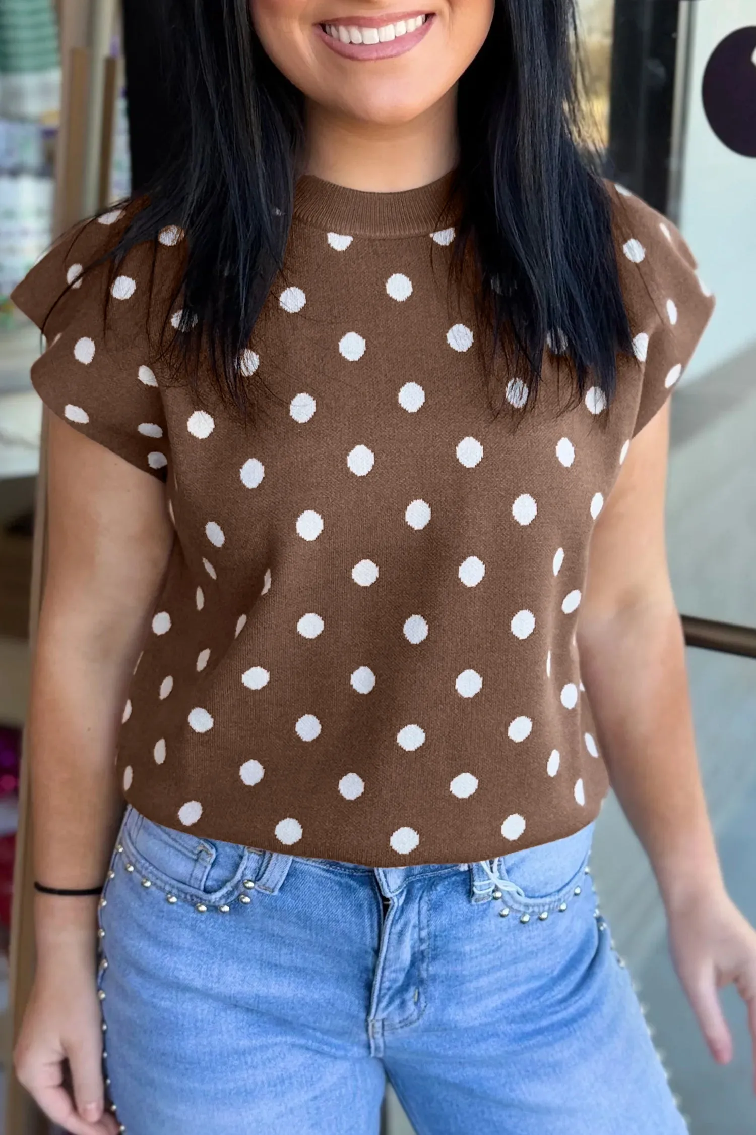 Dolman Short Sleeve Round Neck Polka Dot Sweater – Brown sold by Beagle Boutique product image thumbnail 4