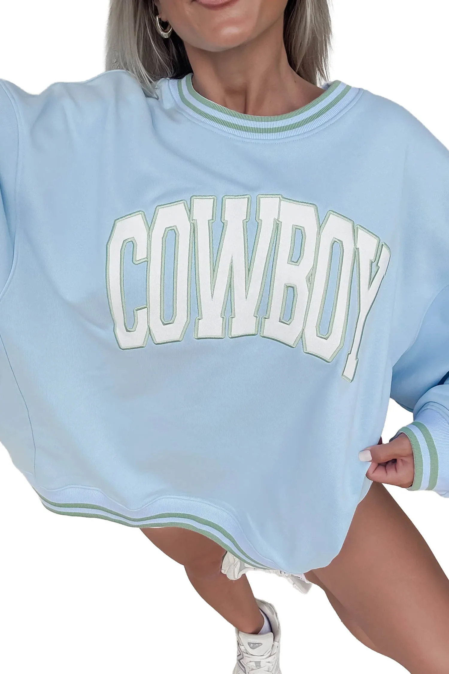 Embroidered Cowboy Letter Print Long Sleeve Round Neck Sweatshirt – Beau Blue sold by Beagle Boutique product image thumbnail 3