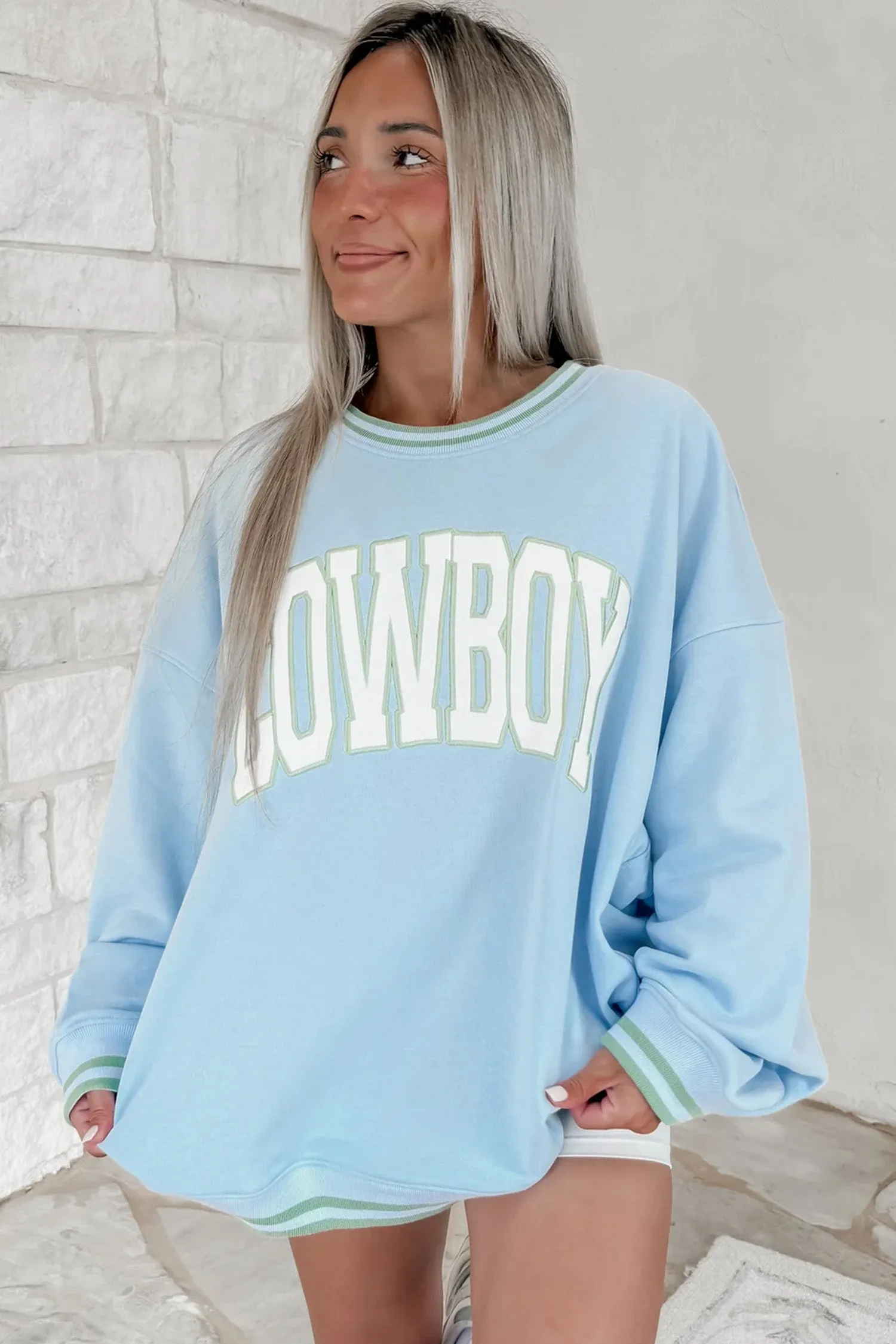 Embroidered Cowboy Letter Print Long Sleeve Round Neck Sweatshirt – Beau Blue sold by Beagle Boutique product image thumbnail 2