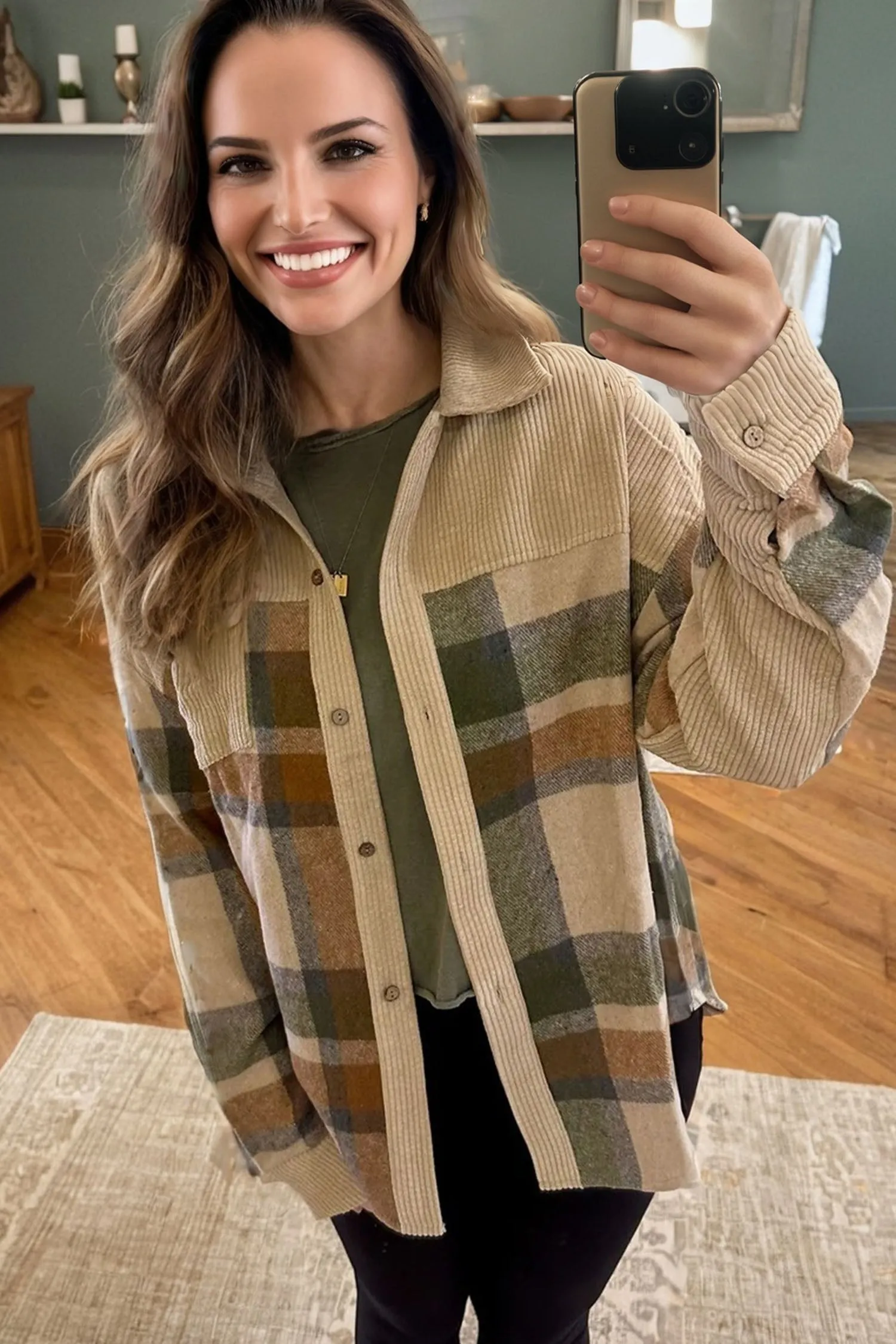 Parchment Retro Plaid Ribbed Patchwork Shacket sold by Beagle Boutique product image thumbnail 2