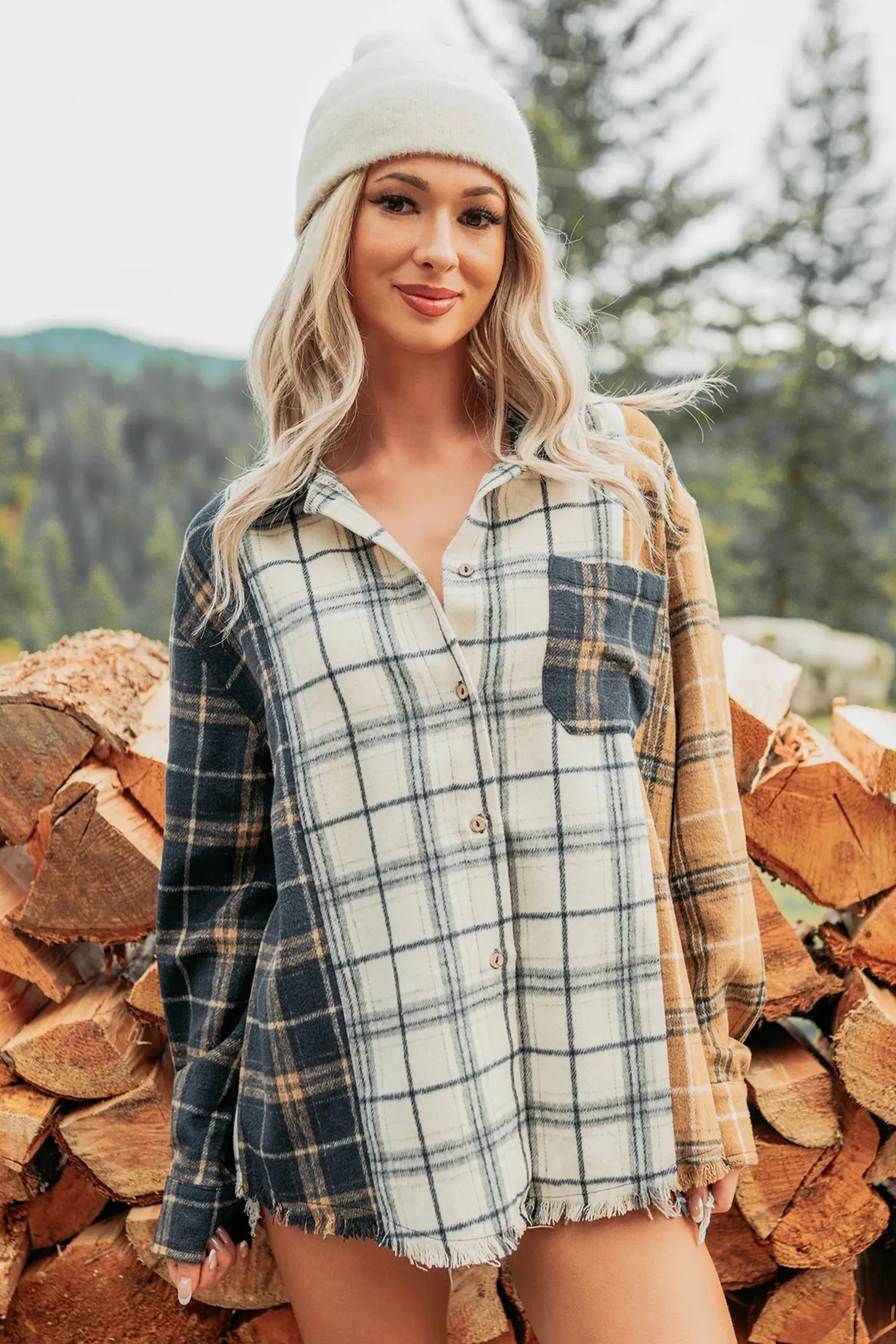 Multicolour Plaid Button-Up Long Sleeve Shift Silhouette Shacket sold by Beagle Boutique product image thumbnail 5