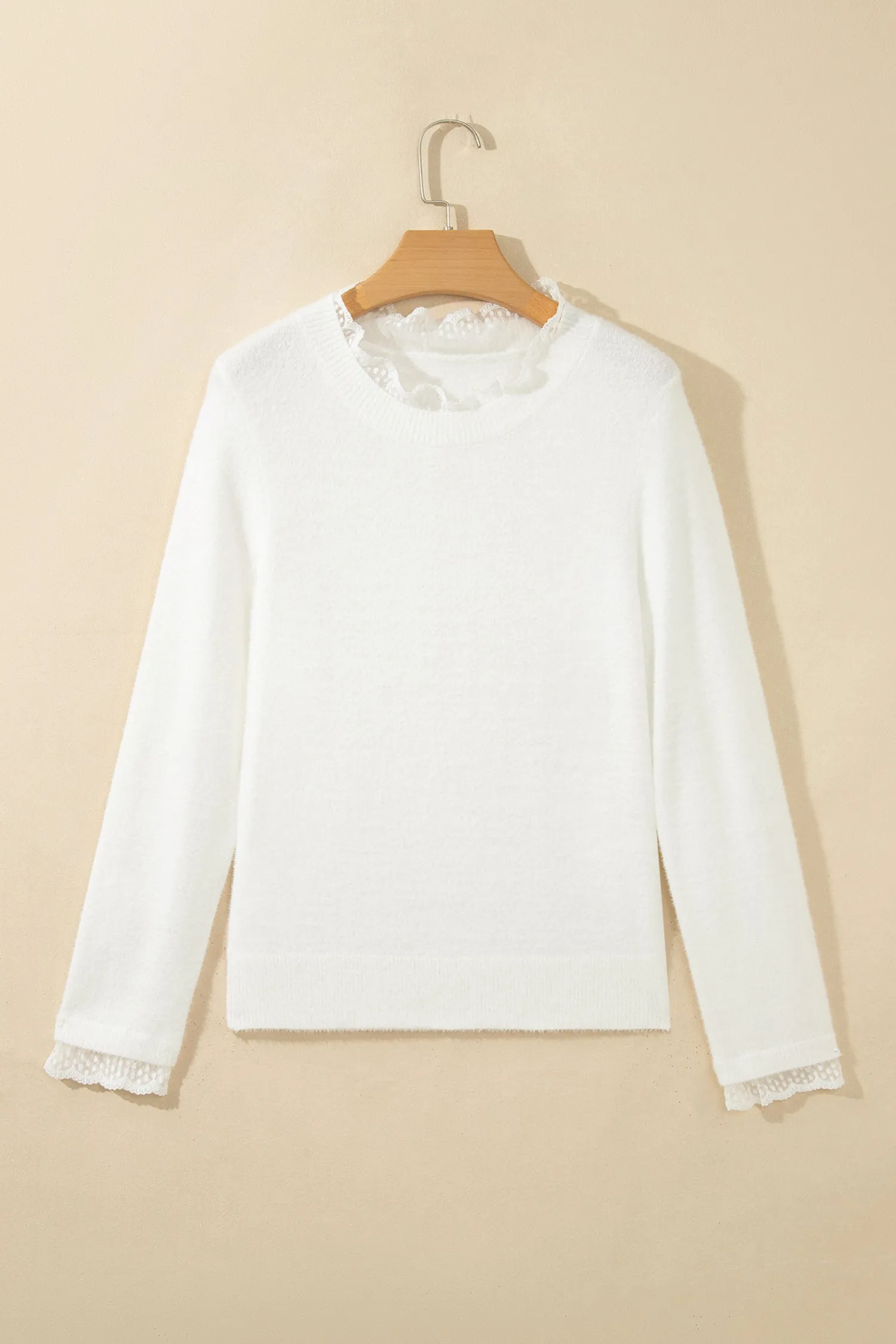 White Lace Trim Neck Cuff Patchwork Long Sleeve Pullover Sweater sold by Beagle Boutique product image thumbnail 5