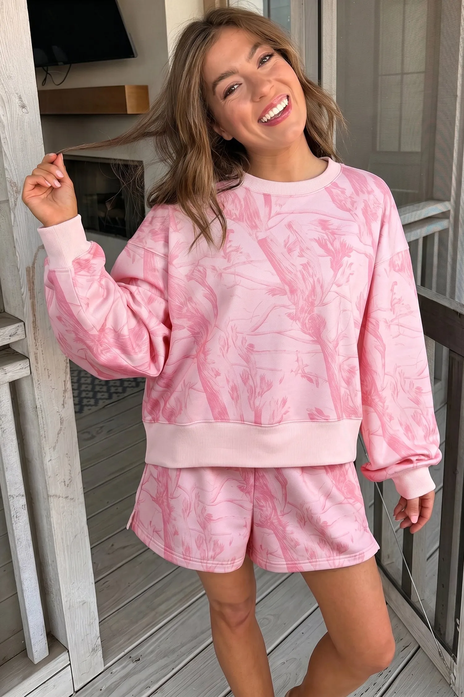 Abstract Print Ribbed Crewneck Long Sleeve Top Elastic Waist Short Set – Pink sold by Beagle Boutique product image thumbnail 4
