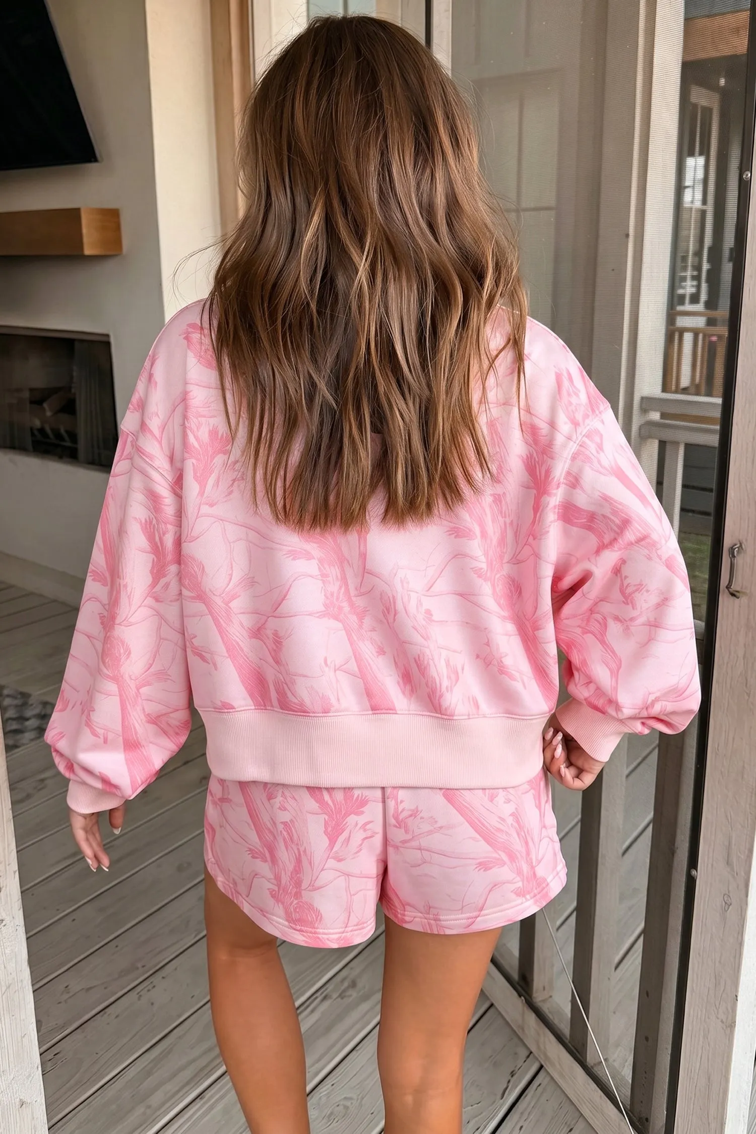 Abstract Print Ribbed Crewneck Long Sleeve Top Elastic Waist Short Set – Pink sold by Beagle Boutique product image thumbnail 2