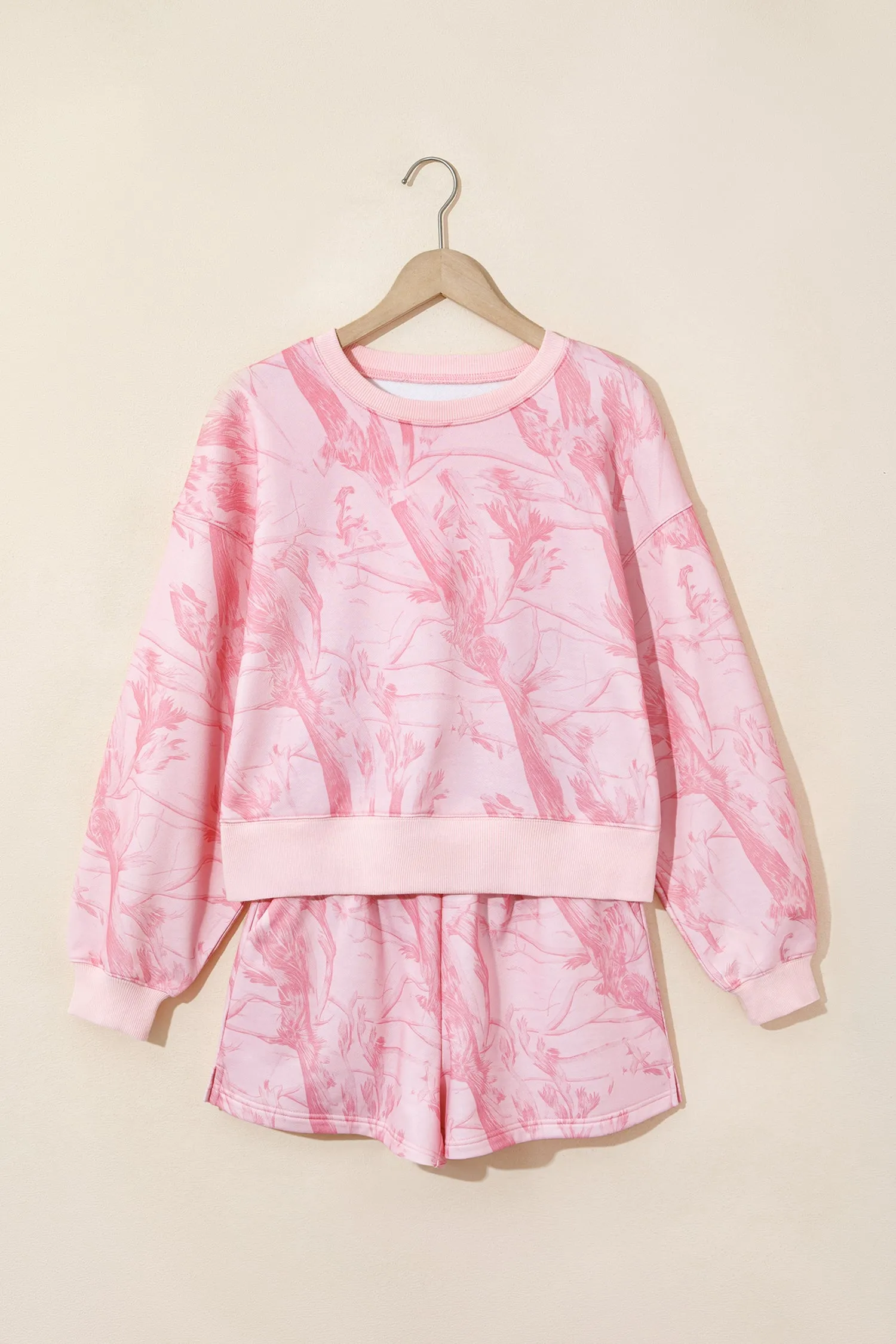 Abstract Print Ribbed Crewneck Long Sleeve Top Elastic Waist Short Set – Pink sold by Beagle Boutique product image thumbnail 5