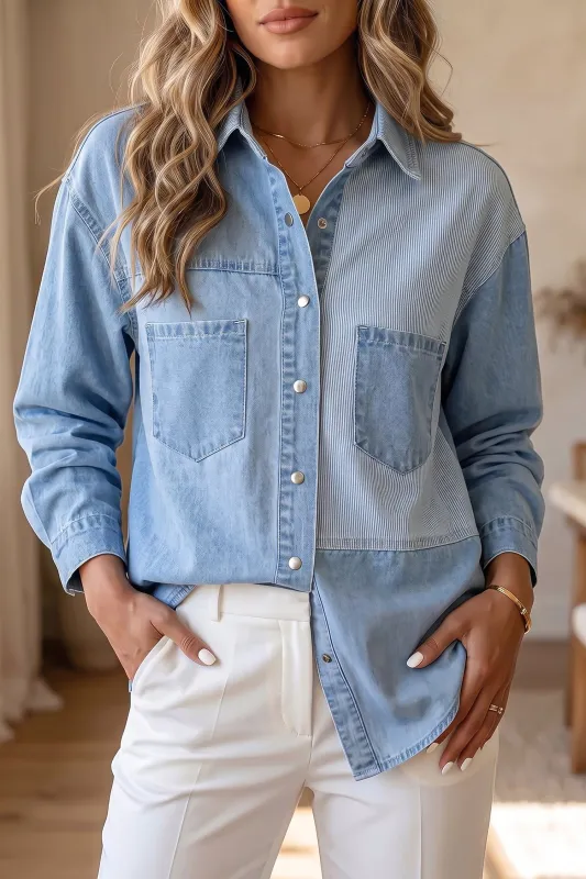 Lightweight Denim Striped Patchwork Button Down Shacket – Beau Blue made by Beagle Boutique