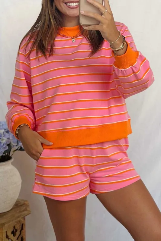 Colour Block Trim Long Sleeve Pullover Pocketed Shorts 2pcs Set – Rose Stripe made by Beagle Boutique