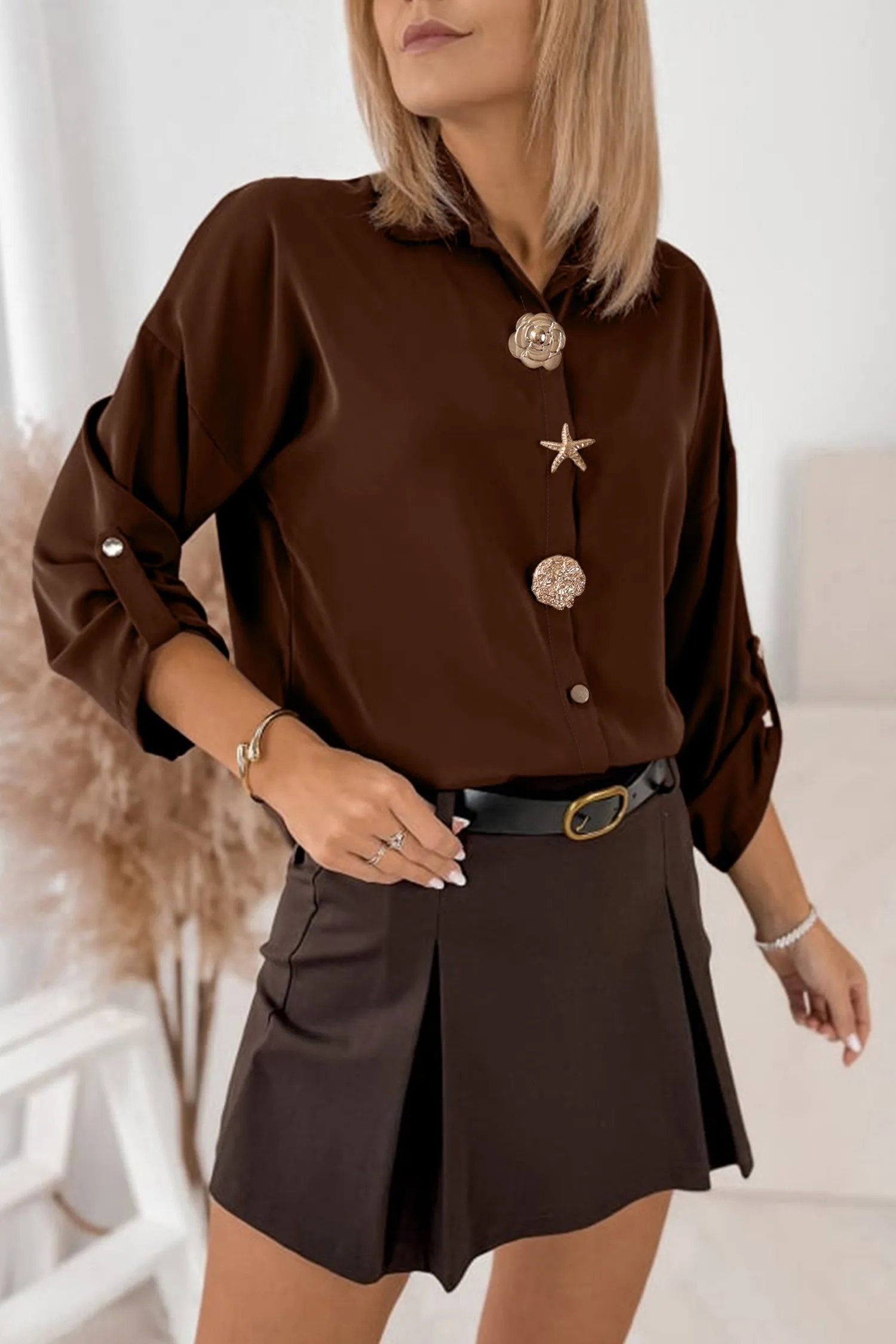 Coffee Multi Button Decoration Tab Long Sleeve Casual Shirt – Brown sold by Beagle Boutique product image thumbnail 3