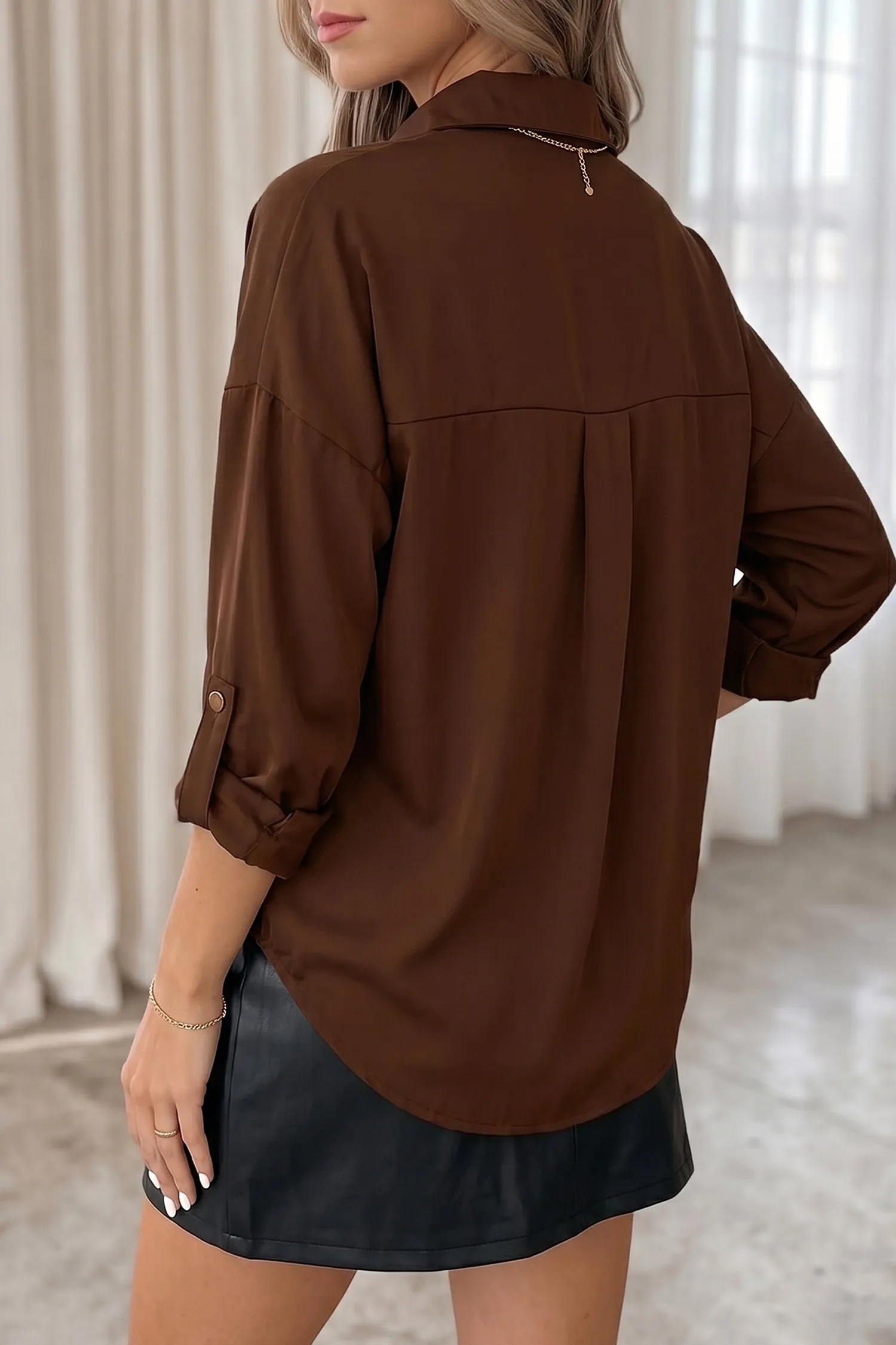 Coffee Multi Button Decoration Tab Long Sleeve Casual Shirt – Brown sold by Beagle Boutique product image thumbnail 2
