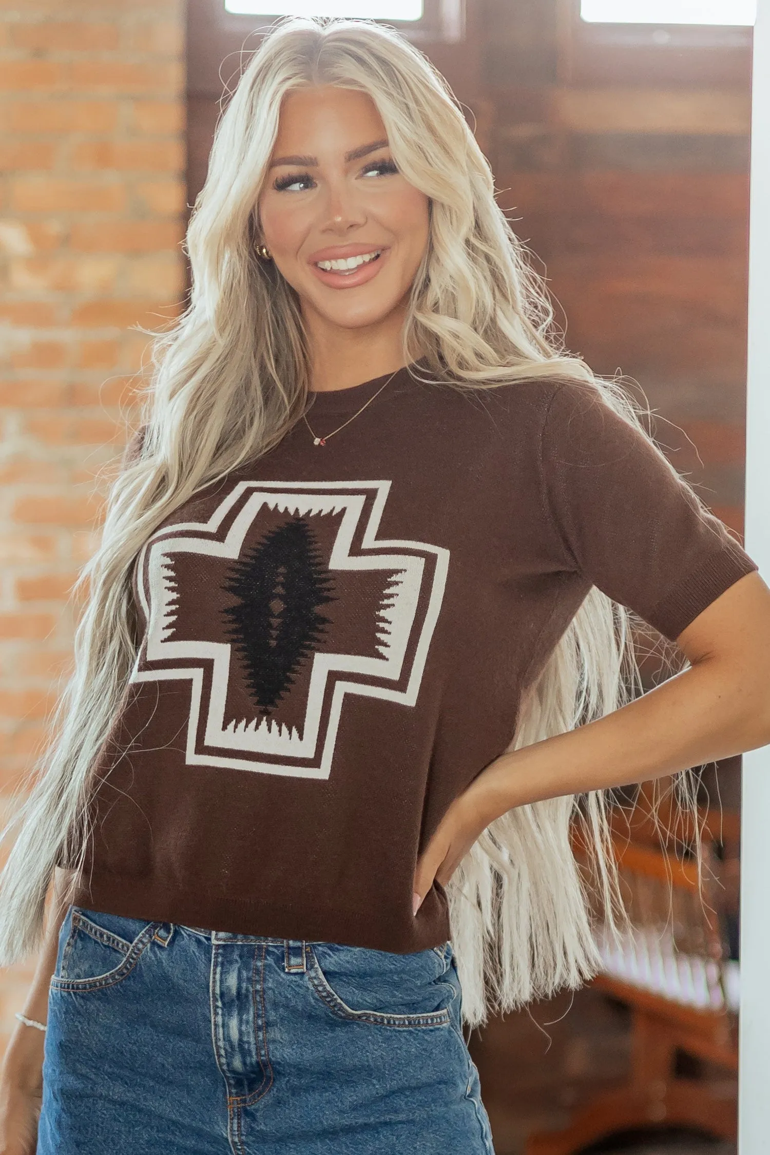 Western Print Short Sleeve Knit Casual Sweater – Brown sold by Beagle Boutique