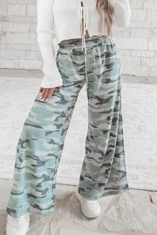 Camo Wide Leg Tie Elastic Waist Casual Pants – Green made by Beagle Boutique