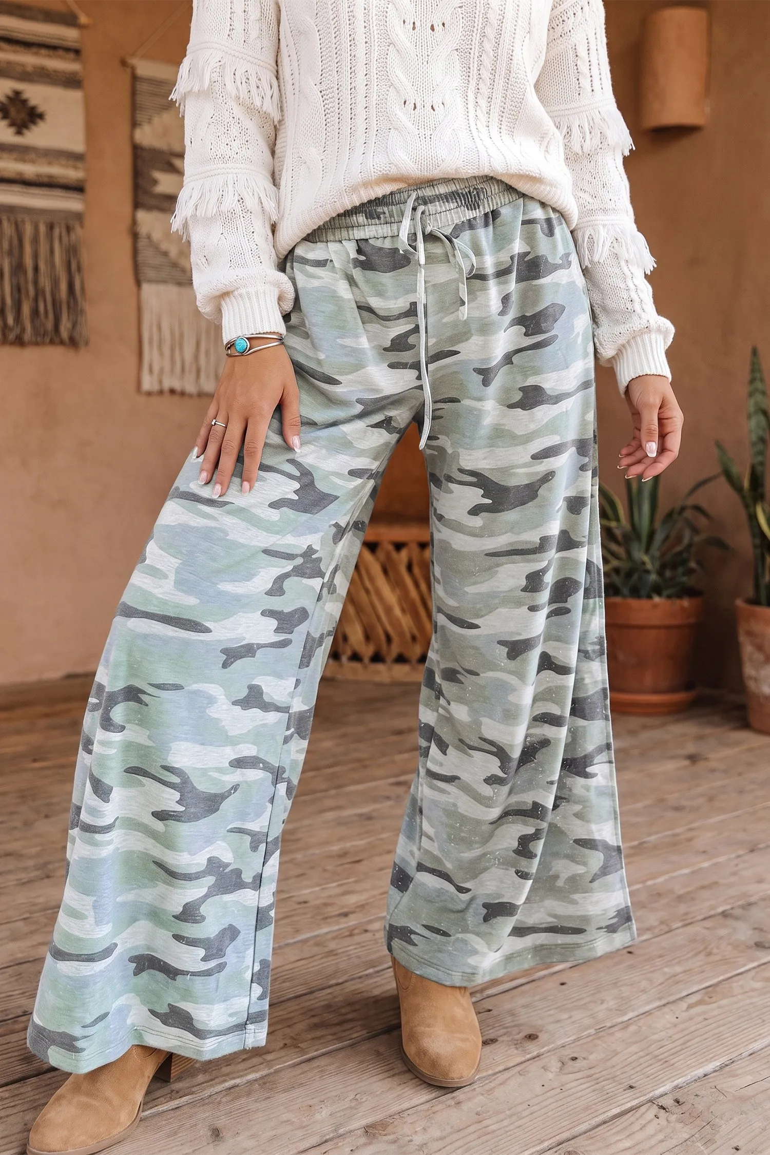 Camo Wide Leg Tie Elastic Waist Casual Pants – Green sold by Beagle Boutique product image thumbnail 3