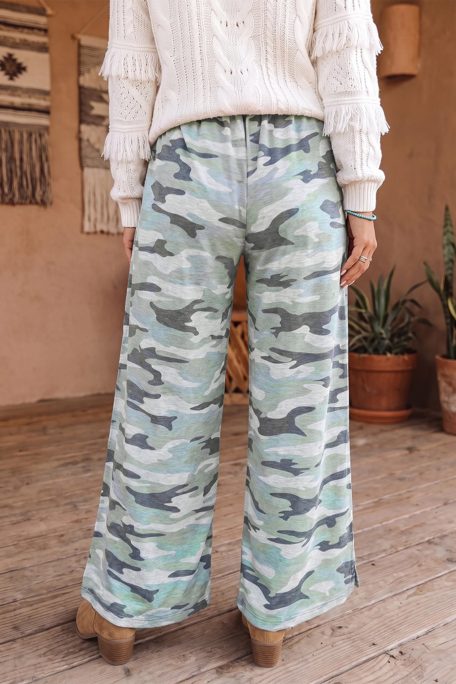 Camo Wide Leg Tie Elastic Waist Casual Pants – Green sold by Beagle Boutique product image thumbnail 4