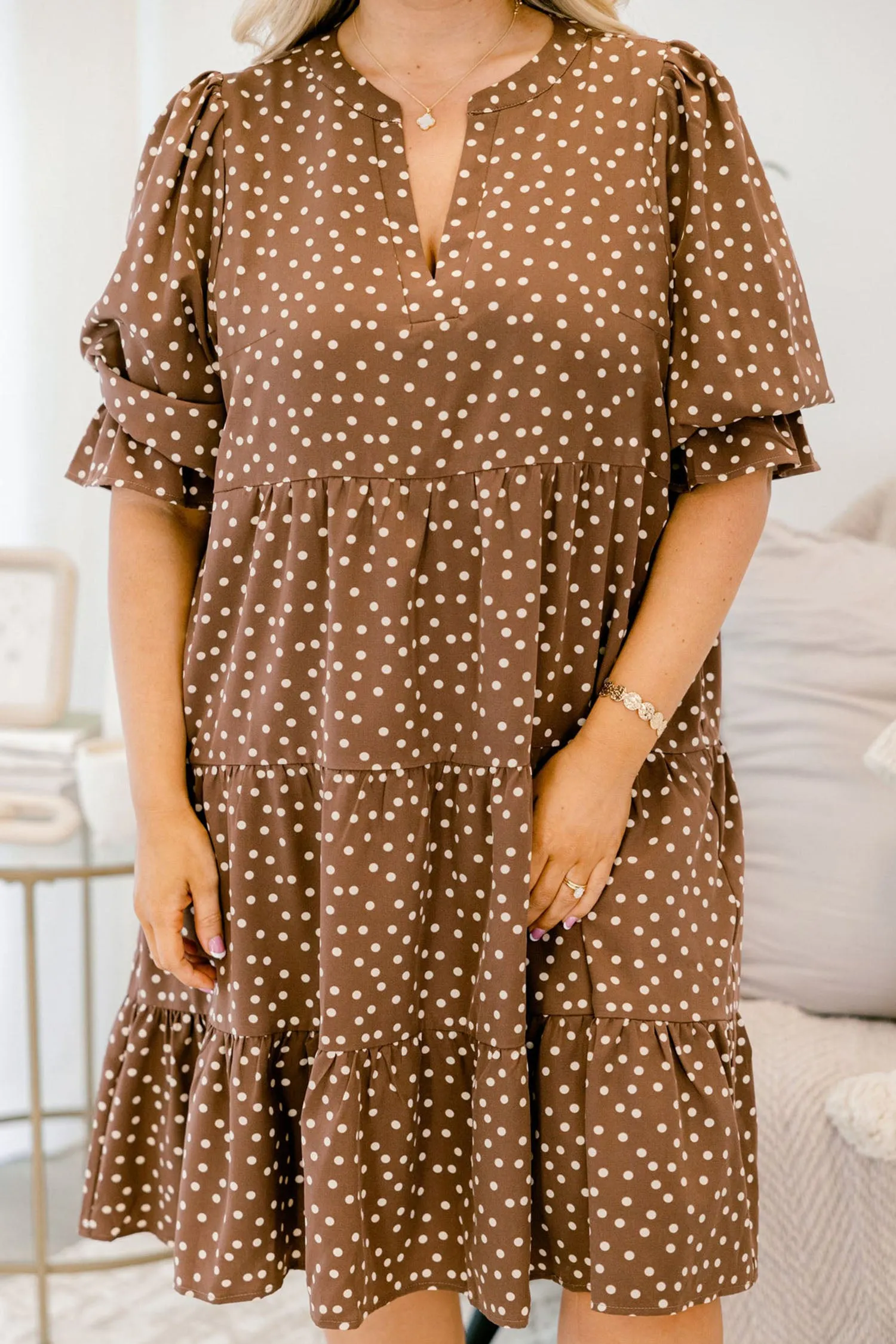 V Neck Polka Dot Long Sleeve Shift Plus Size Dress – Brown sold by Beagle Boutique product image thumbnail 3