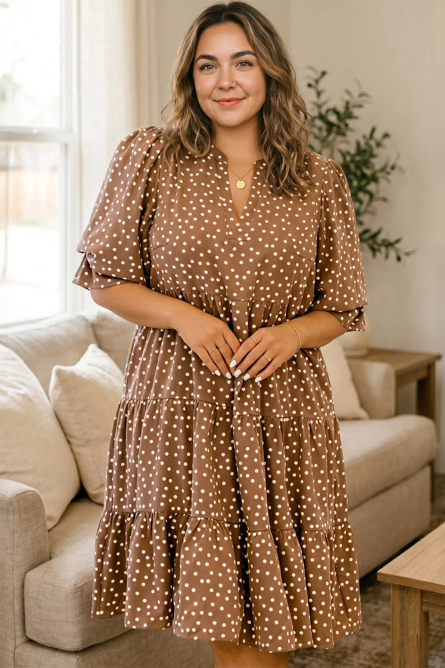 V Neck Polka Dot Long Sleeve Shift Plus Size Dress – Brown sold by Beagle Boutique product image thumbnail 2