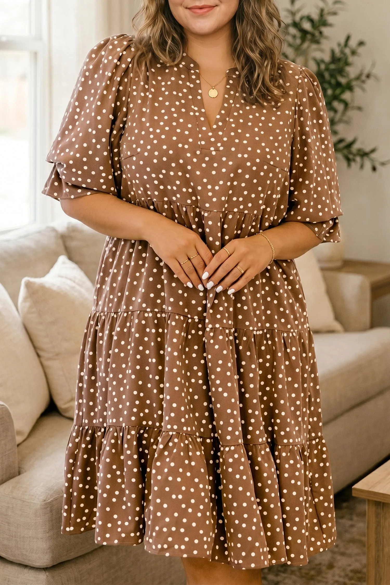 V Neck Polka Dot Long Sleeve Shift Plus Size Dress – Brown sold by Beagle Boutique