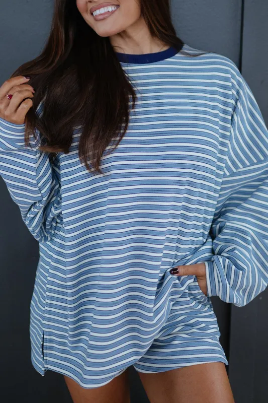 Long Sleeve Oversized Top Pocketed Casual Shorts Two Piece Set – Sky Blue Stripe made by Beagle Boutique