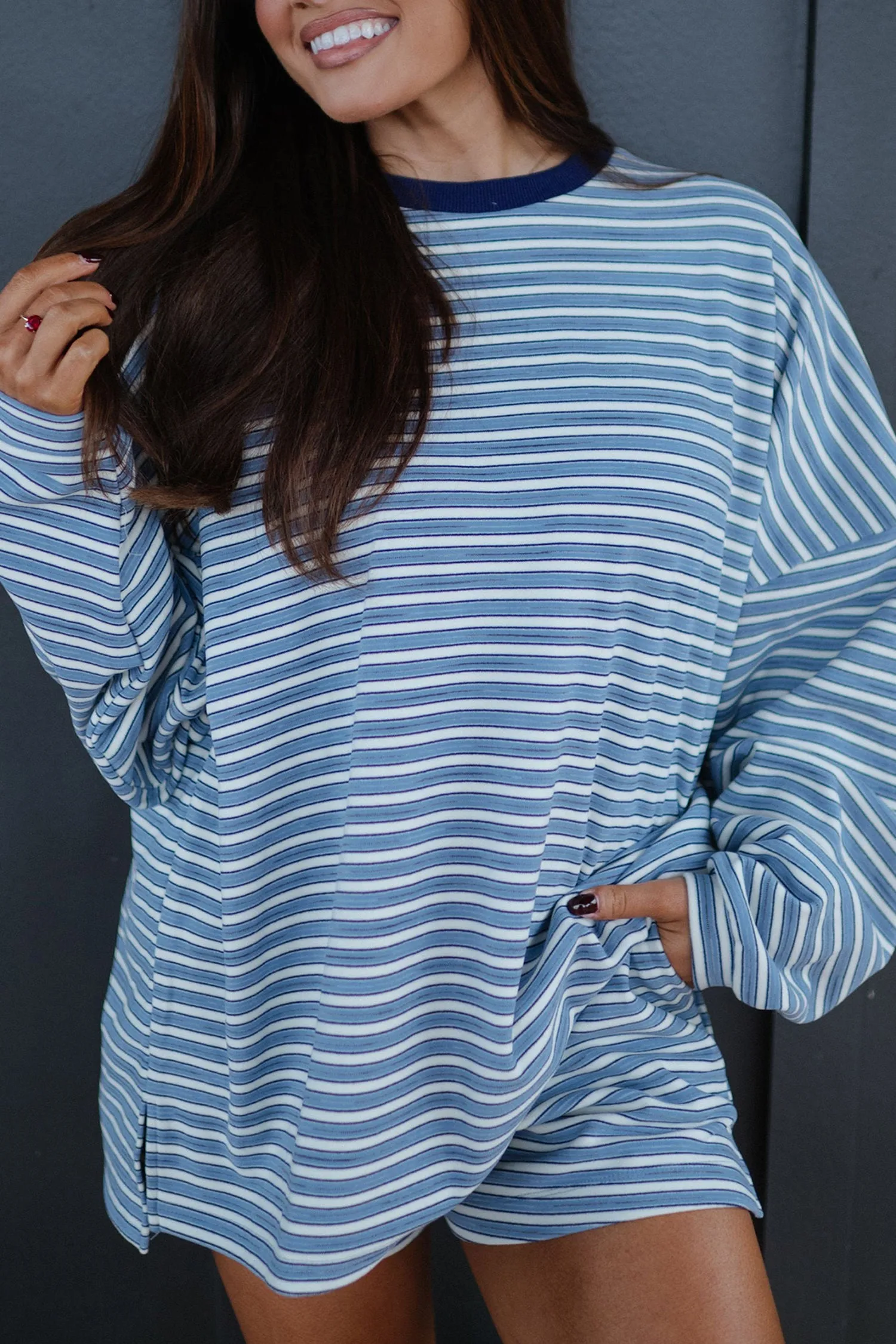Long Sleeve Oversized Top Pocketed Casual Shorts Two Piece Set – Sky Blue Stripe sold by Beagle Boutique