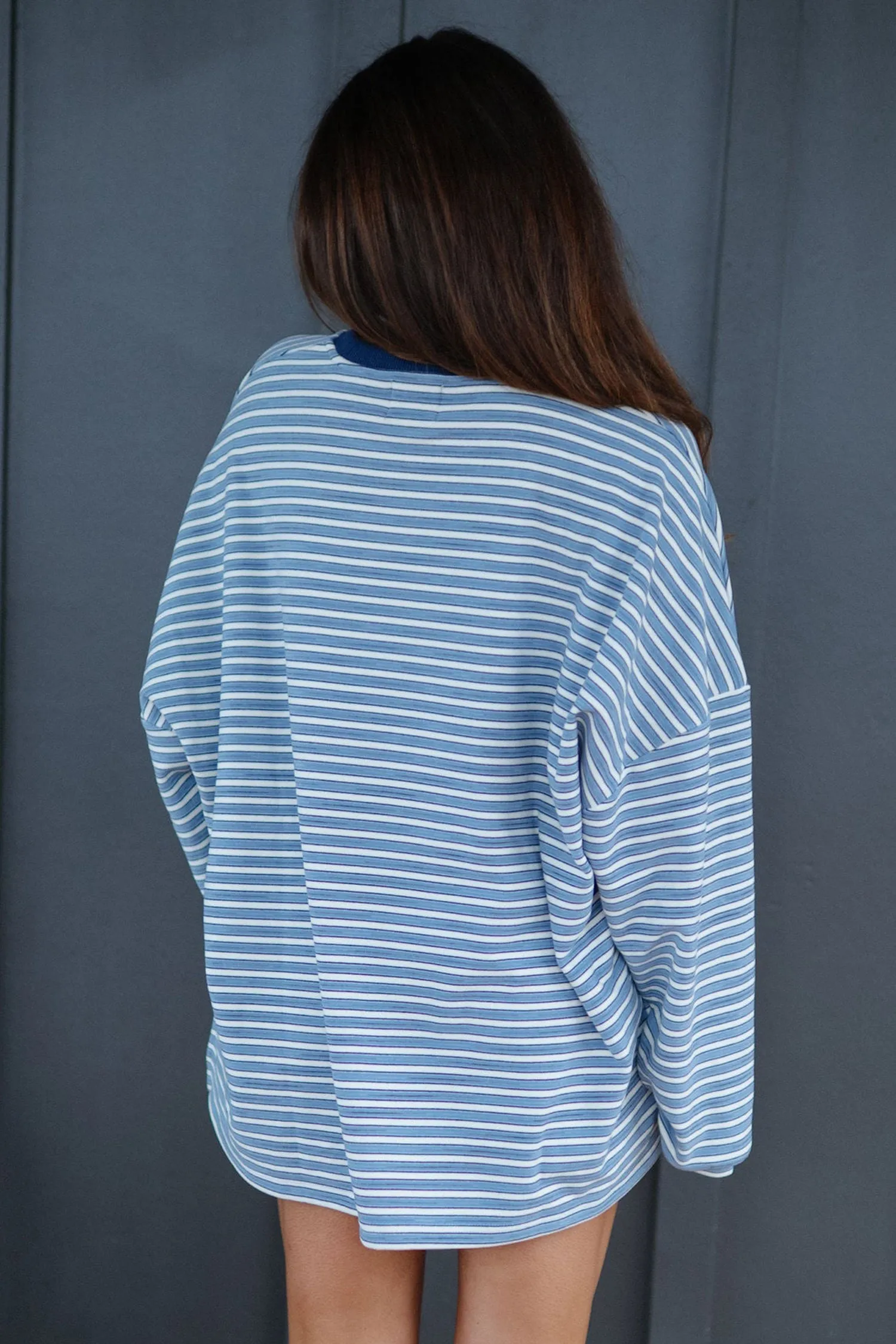 Long Sleeve Oversized Top Pocketed Casual Shorts Two Piece Set – Sky Blue Stripe sold by Beagle Boutique product image thumbnail 3