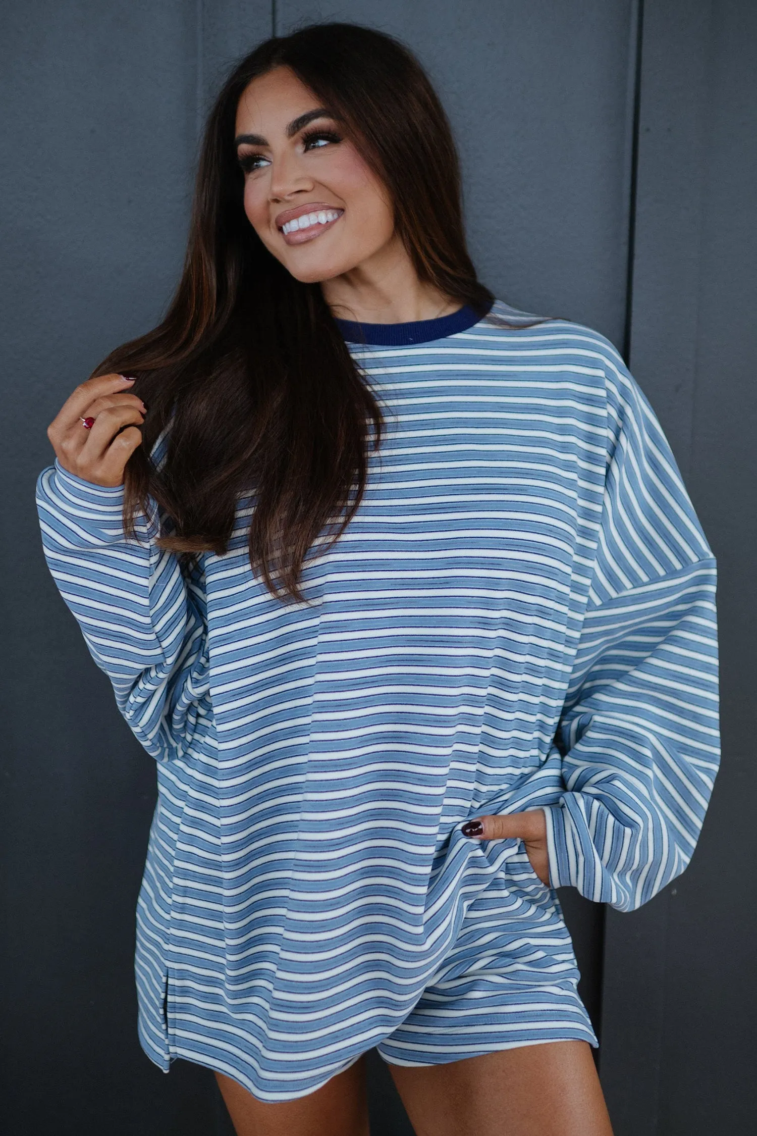 Long Sleeve Oversized Top Pocketed Casual Shorts Two Piece Set – Sky Blue Stripe sold by Beagle Boutique product image thumbnail 2