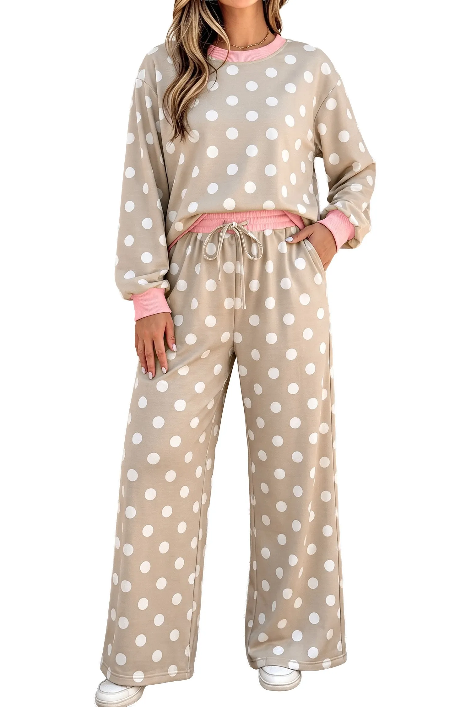 Polka Dot Contrast Trim Long Sleeve Top Drawstring Shift Pants Set – Khaki sold by Beagle Boutique product image thumbnail 3
