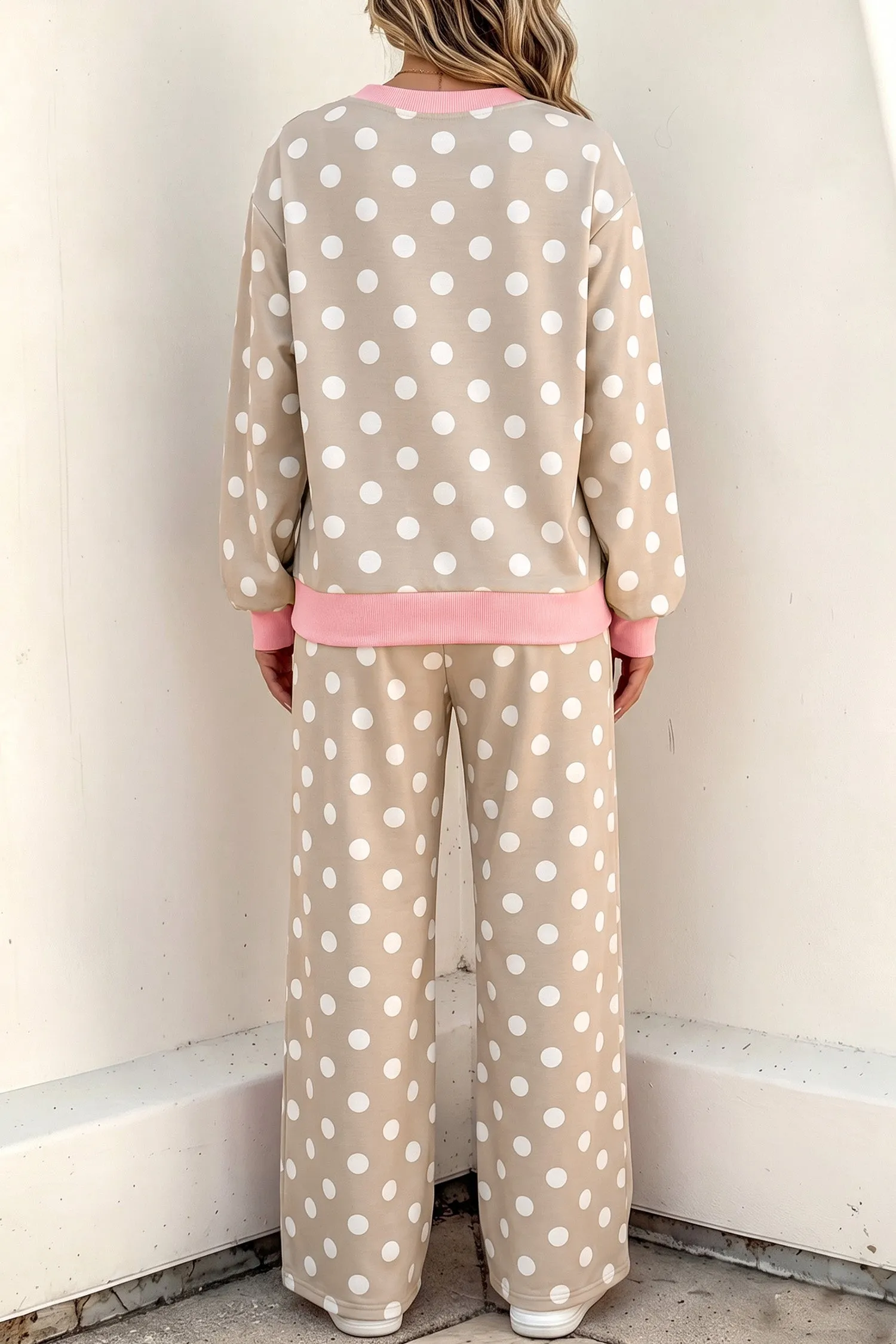 Polka Dot Contrast Trim Long Sleeve Top Drawstring Shift Pants Set – Khaki sold by Beagle Boutique product image thumbnail 2