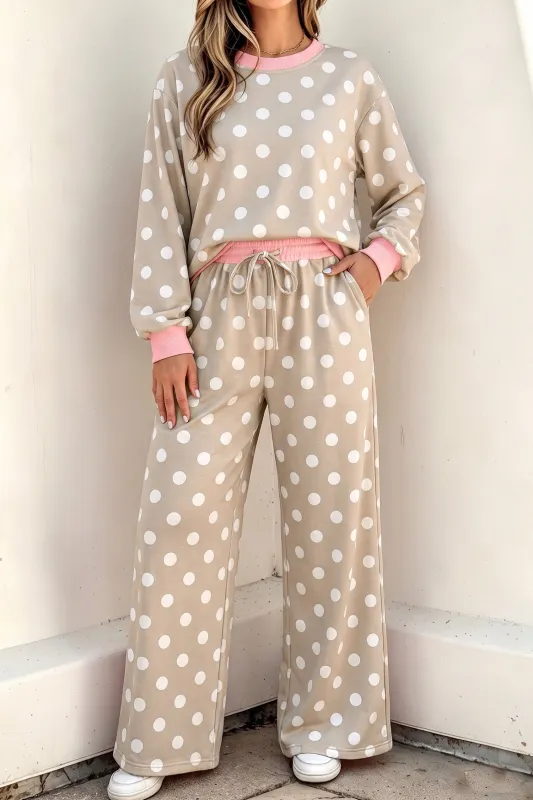 Polka Dot Contrast Trim Long Sleeve Top Drawstring Shift Pants Set – Khaki made by Beagle Boutique