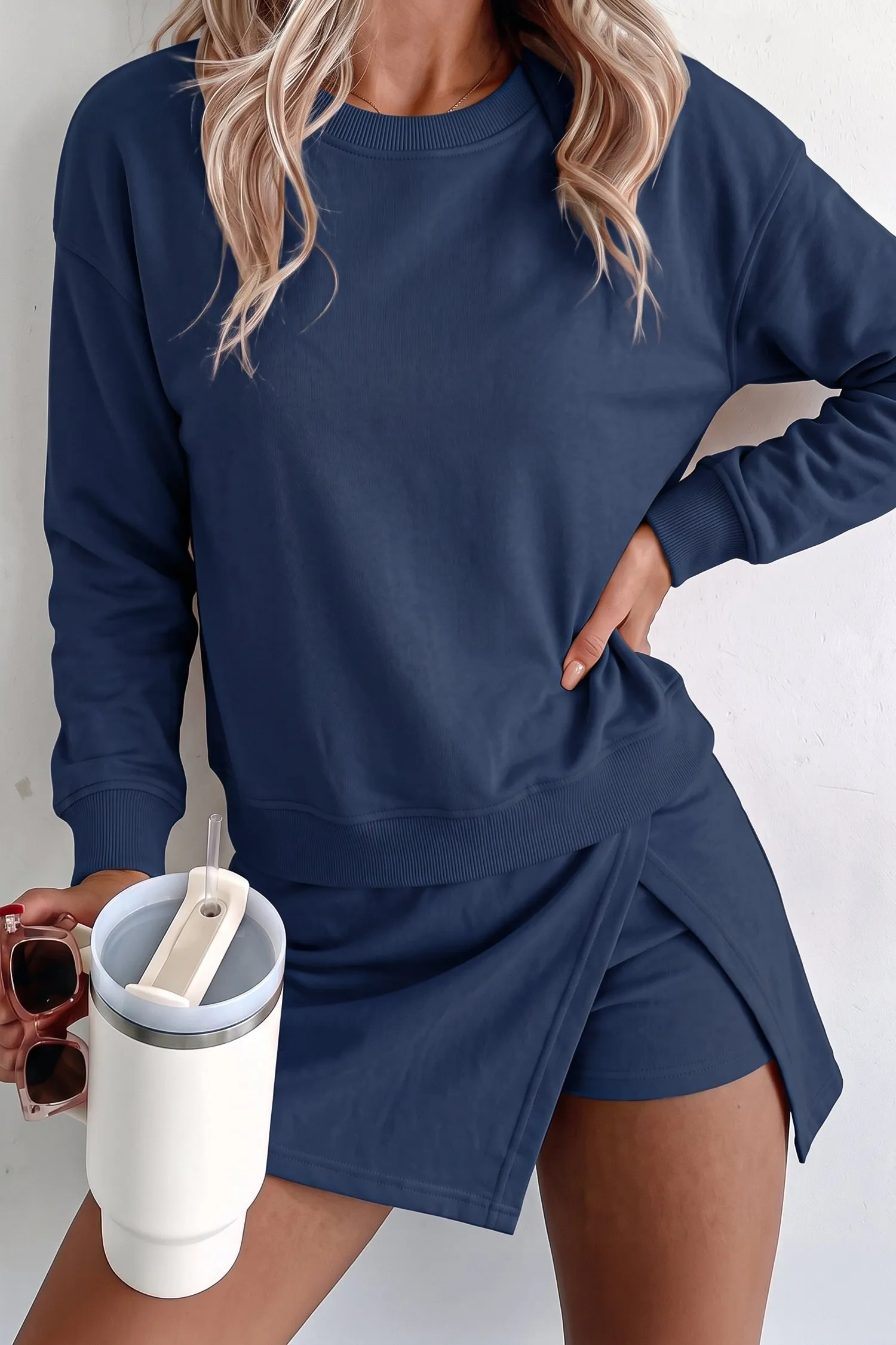 Solid Colour Long Sleeve Top Split Skort 2pcs Outfit – Dirty Blue sold by Beagle Boutique product image thumbnail 2