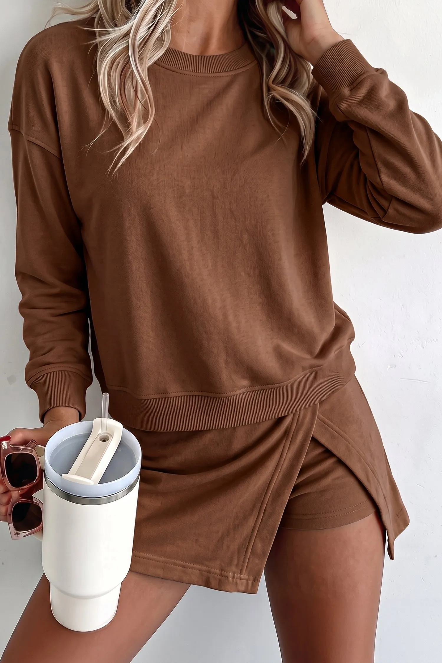Solid Colour Long Sleeve Top Split Skort 2pcs Outfit – Dirty Blue sold by Beagle Boutique product image thumbnail 5
