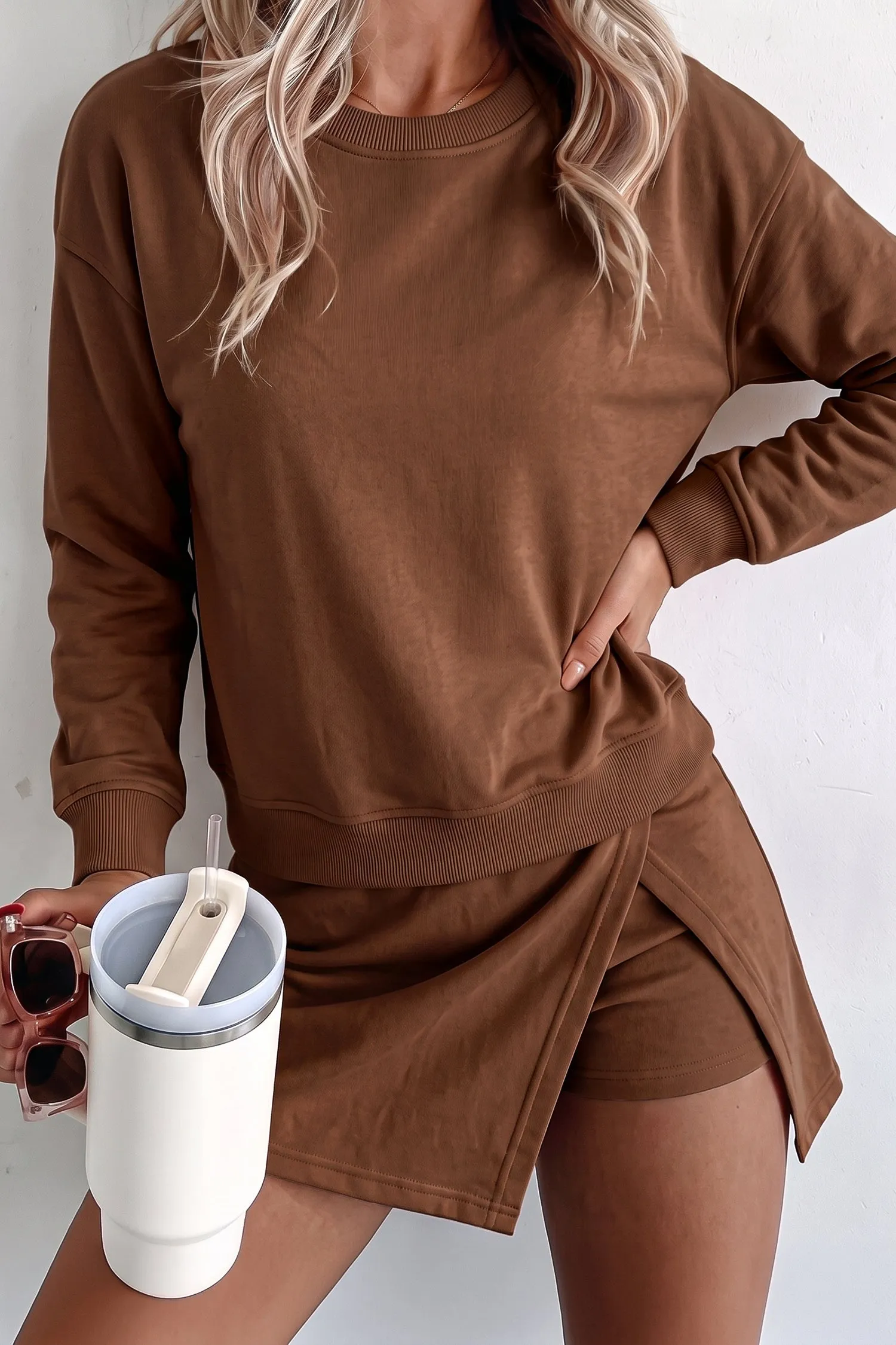 Solid Colour Long Sleeve Top Split Skort 2pcs Outfit – Dirty Blue sold by Beagle Boutique product image thumbnail 4