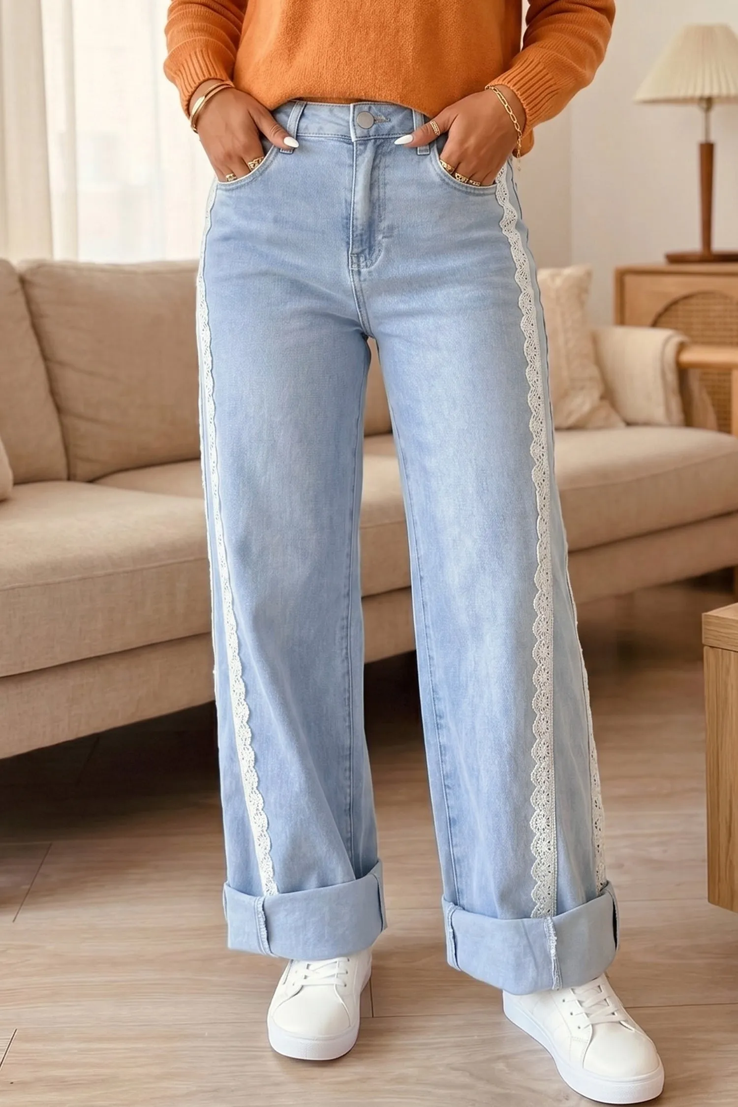 Beau Lace Trim Casual Full-Length Regular Fit Jeans – Blue sold by Beagle Boutique product image thumbnail 3