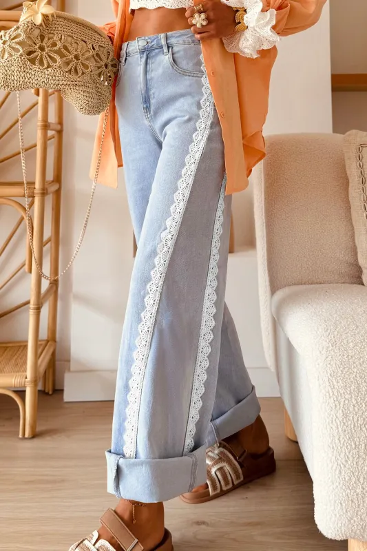 Beau Lace Trim Casual Full-Length Regular Fit Jeans – Blue made by Beagle Boutique