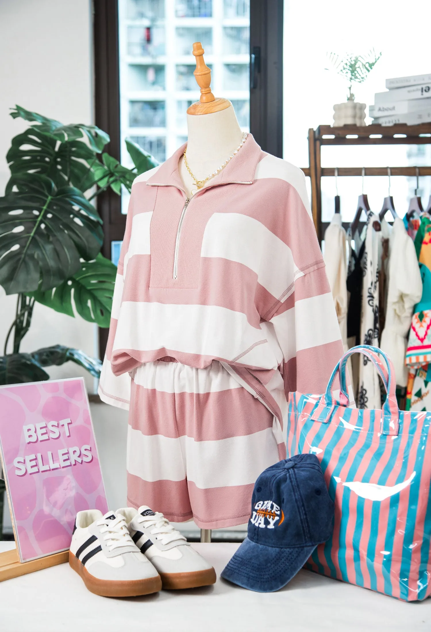 Half Zip Bracelet Sleeve Top Casual Short Set – Pink Stripe sold by Beagle Boutique product image thumbnail 5