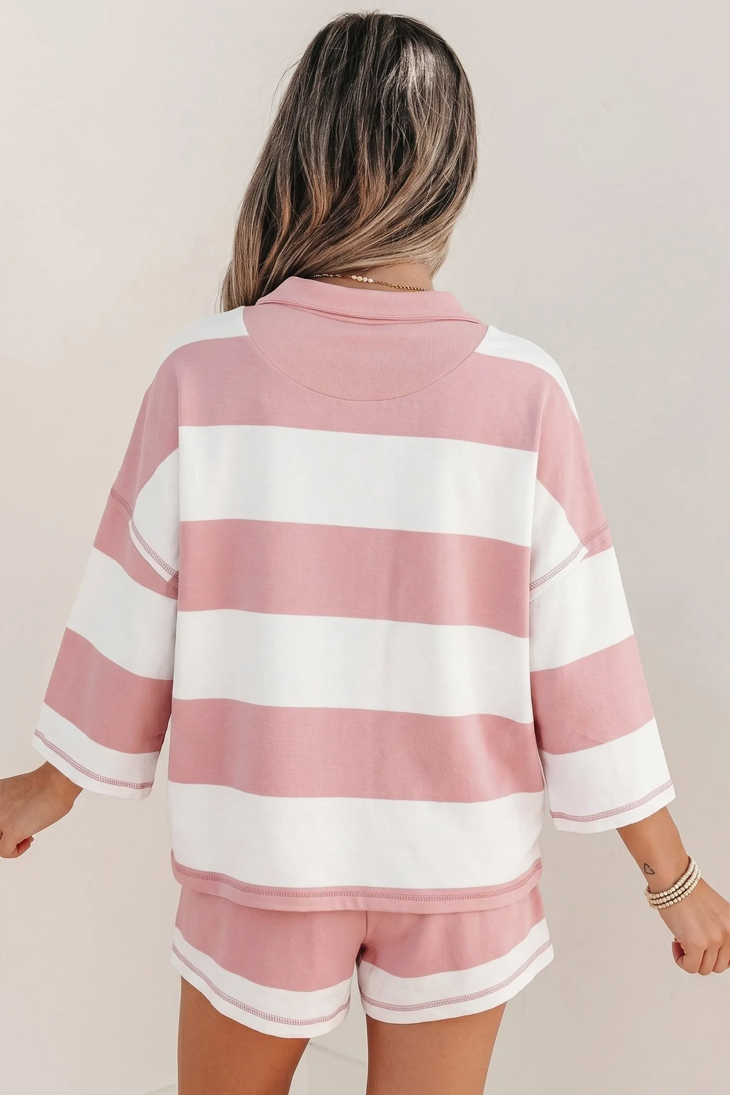Half Zip Bracelet Sleeve Top Casual Short Set – Pink Stripe sold by Beagle Boutique product image thumbnail 2