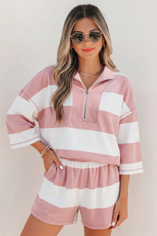 Half Zip Bracelet Sleeve Top Casual Short Set – Pink Stripe made by Beagle Boutique