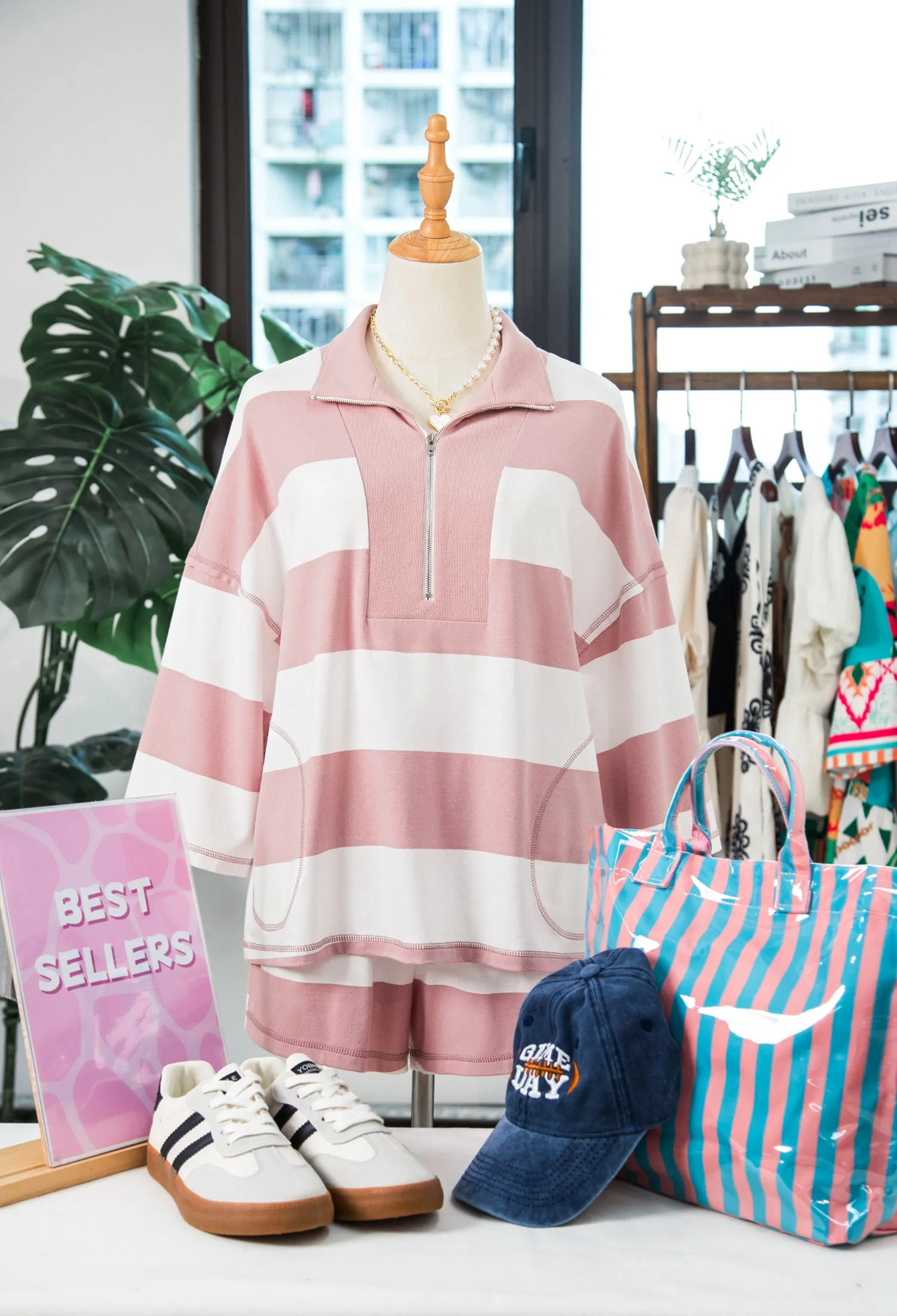 Half Zip Bracelet Sleeve Top Casual Short Set – Pink Stripe sold by Beagle Boutique product image thumbnail 3