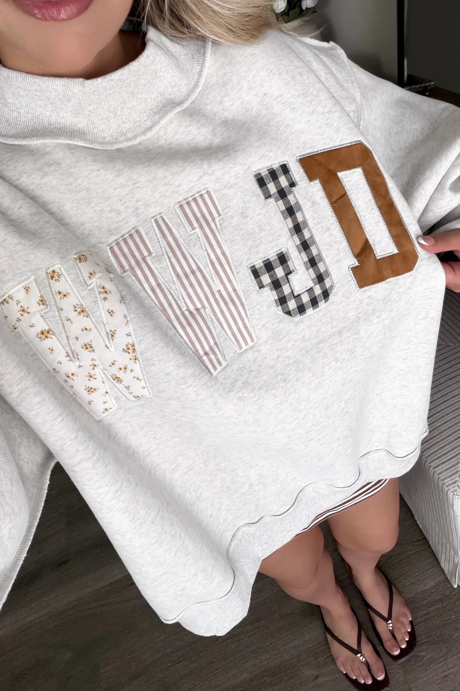 WWJD Mixed Pattern Embroidered Patch Graphic Mock Neck Sweatshirt – Grey sold by Beagle Boutique product image thumbnail 2