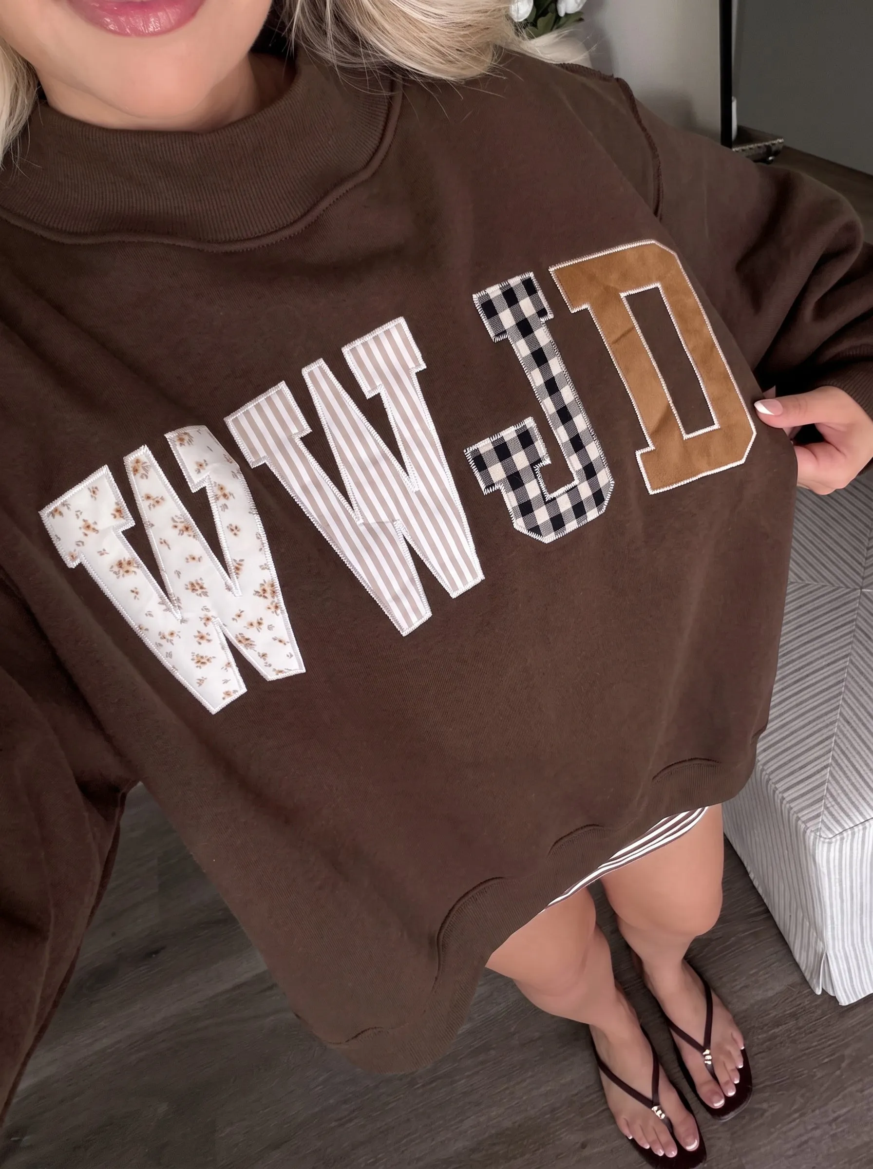 WWJD Mixed Pattern Embroidered Patch Graphic Mock Neck Sweatshirt – Grey sold by Beagle Boutique product image thumbnail 5