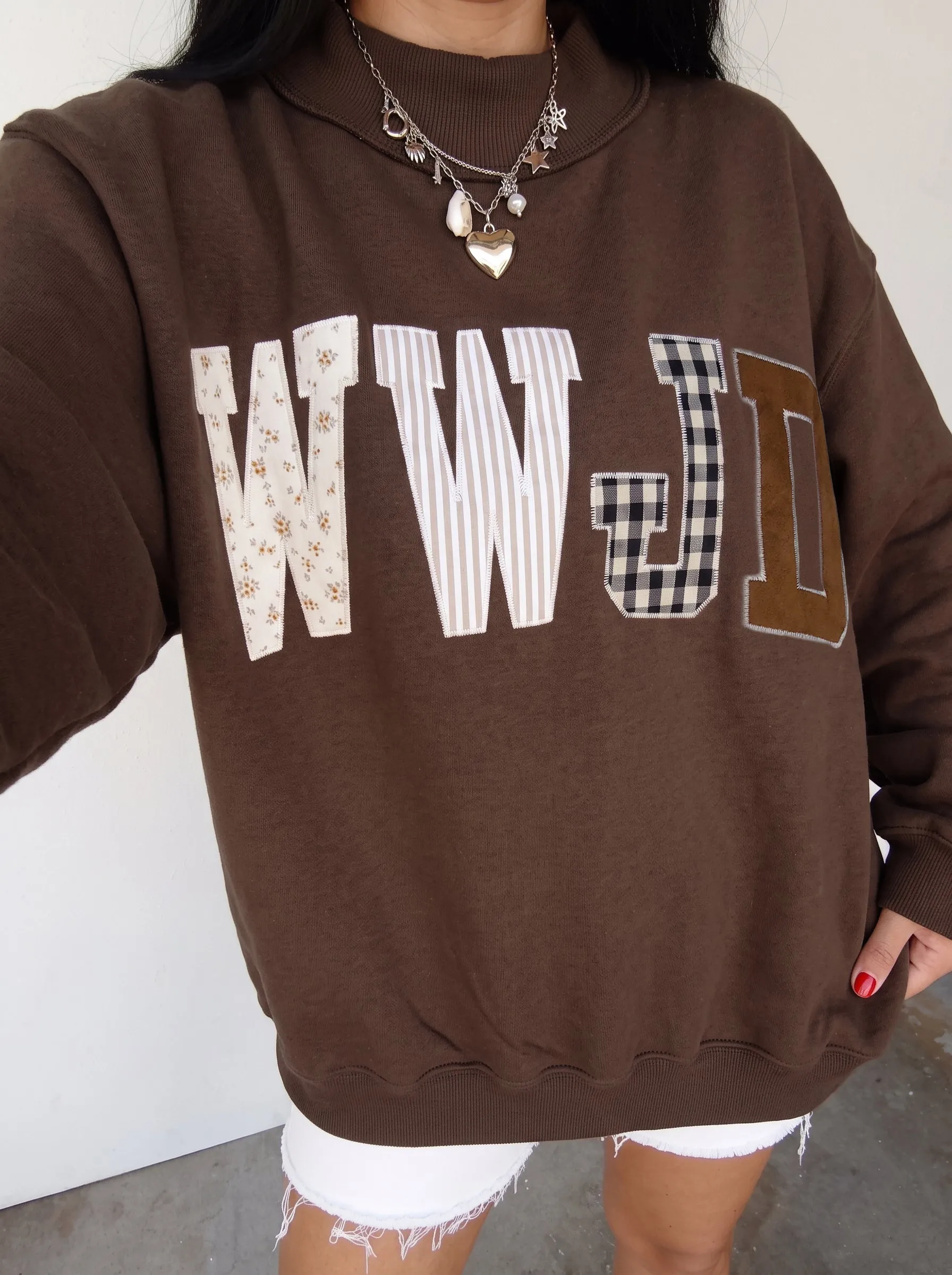 WWJD Mixed Pattern Embroidered Patch Graphic Mock Neck Sweatshirt – Grey sold by Beagle Boutique product image thumbnail 4